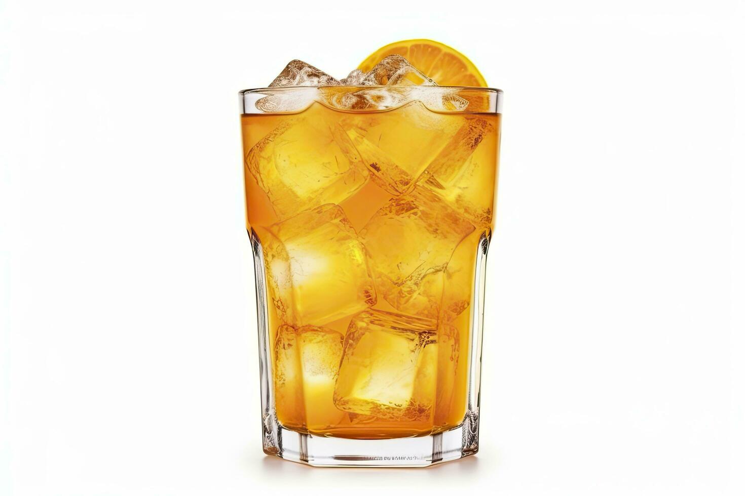 AI generated A glass of orange soda water with ice cubes on white background. AI Generated photo