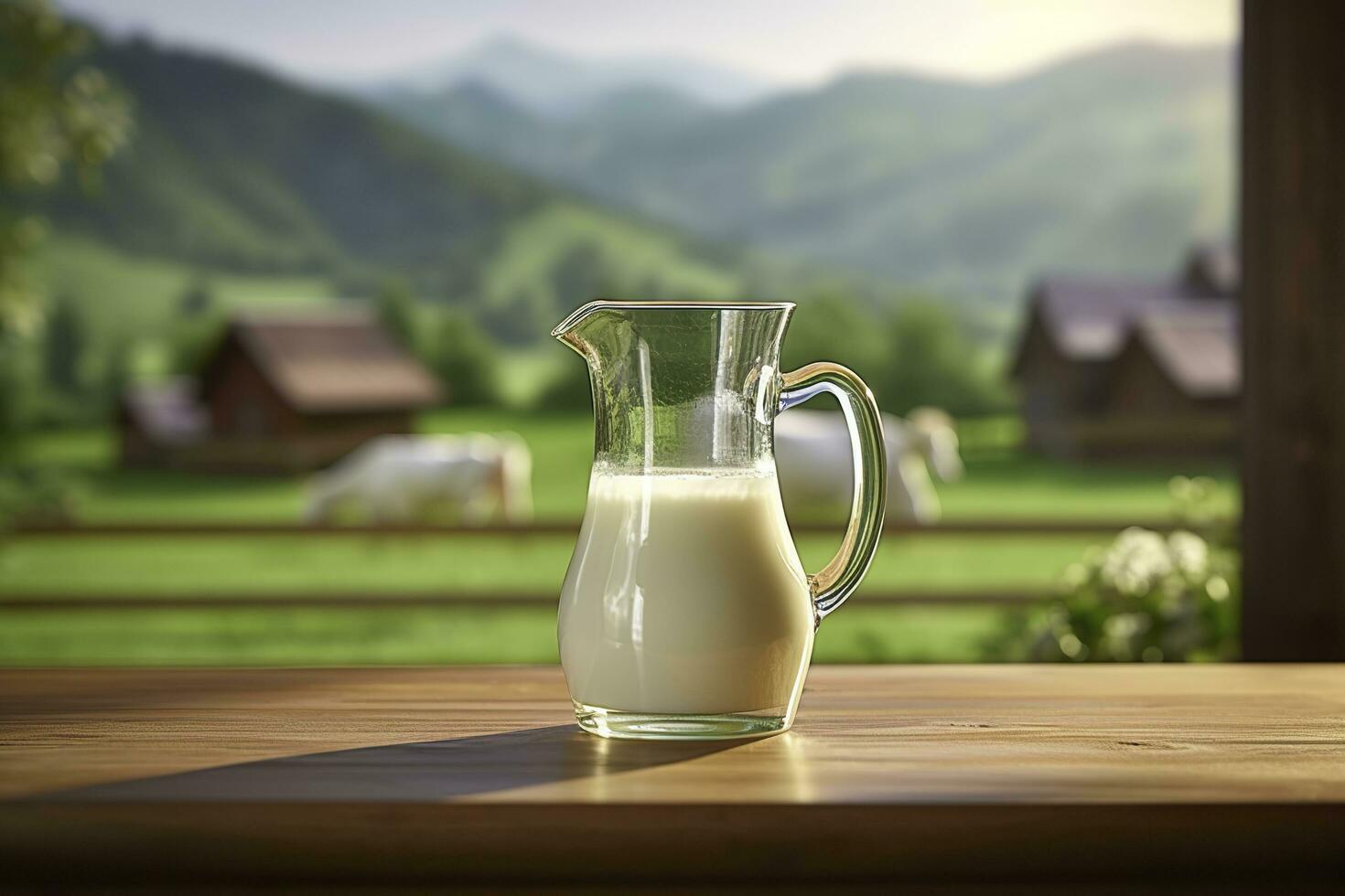 AI generated Glass pitcher with fresh milk on a wooden table. AI Generated photo
