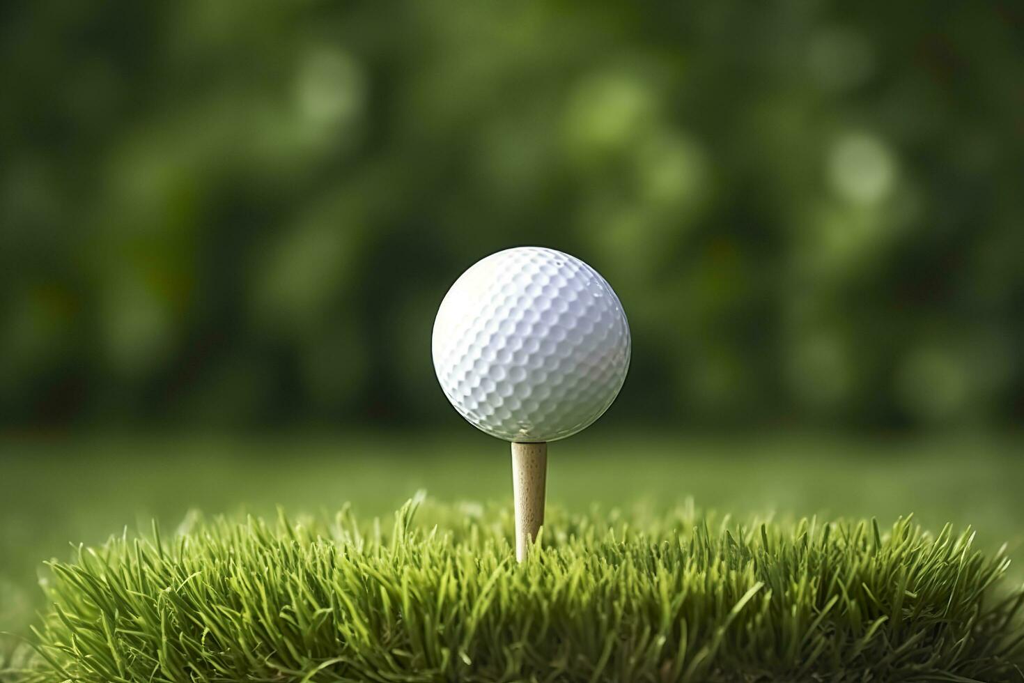 AI generated White golf ball on wooden tee with grass. Generative AI photo