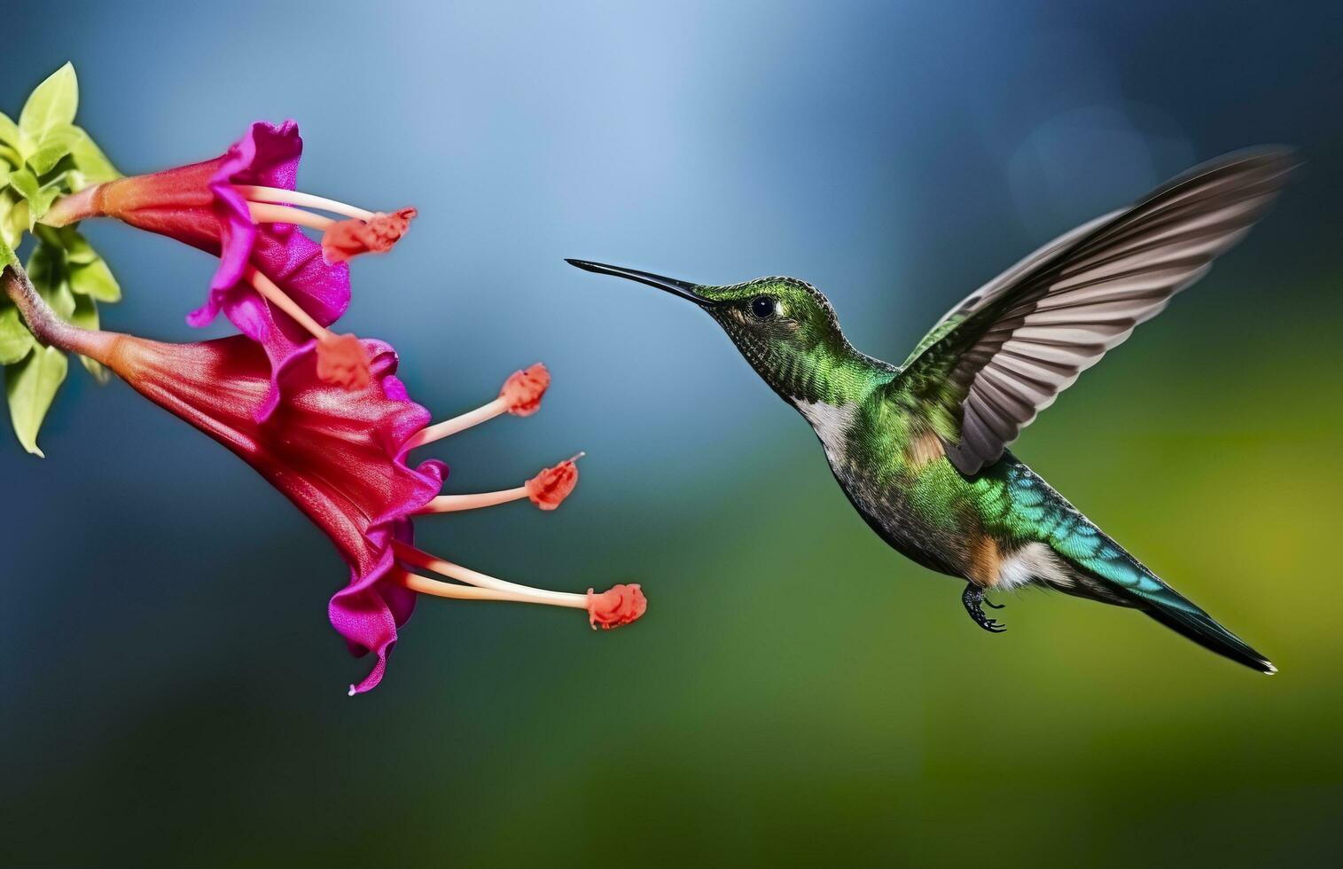 AI generated Hummingbird bird flying next to a beautiful red flower with rain. AI Generated photo