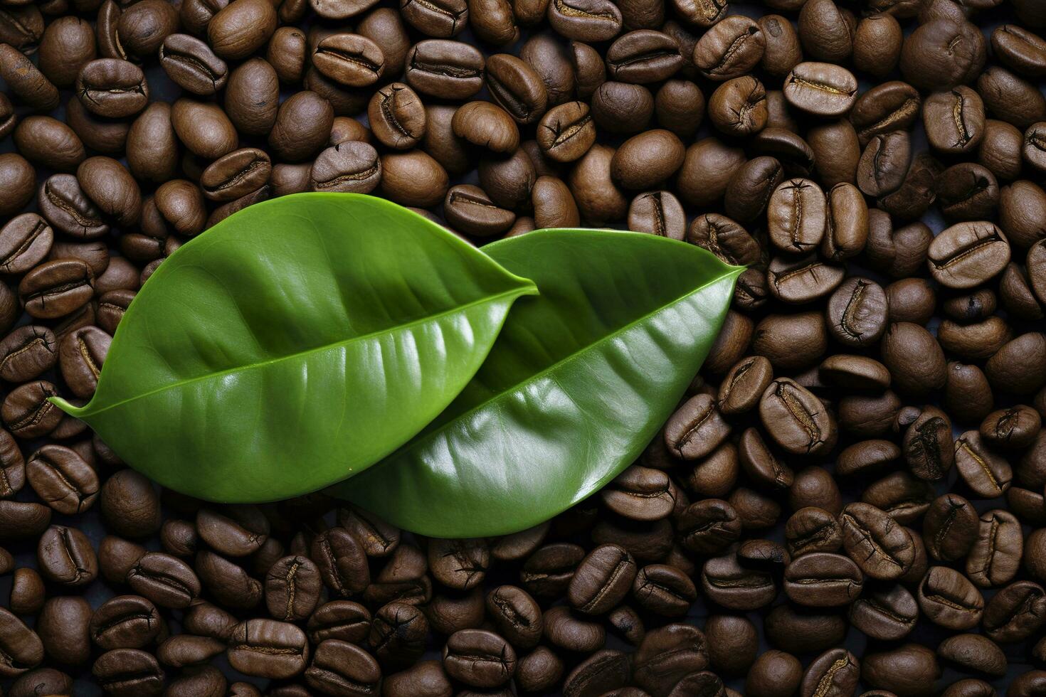 AI generated Green leaves with coffee beans as background. AI Generated photo