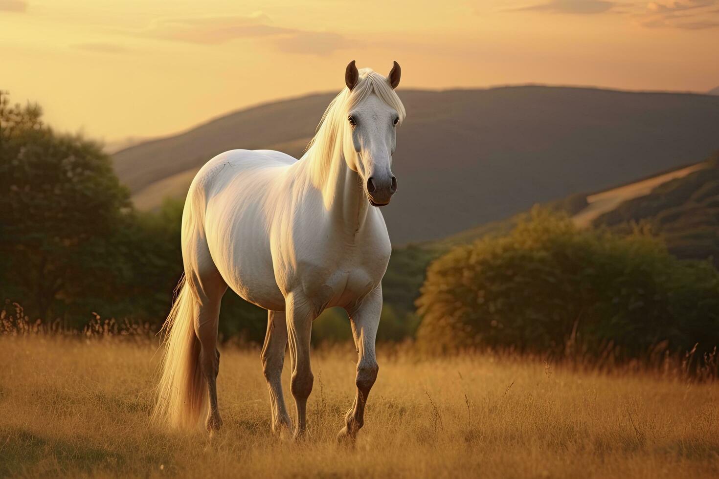 AI generated White horse or mare in the mountains at sunset. AI Generated photo