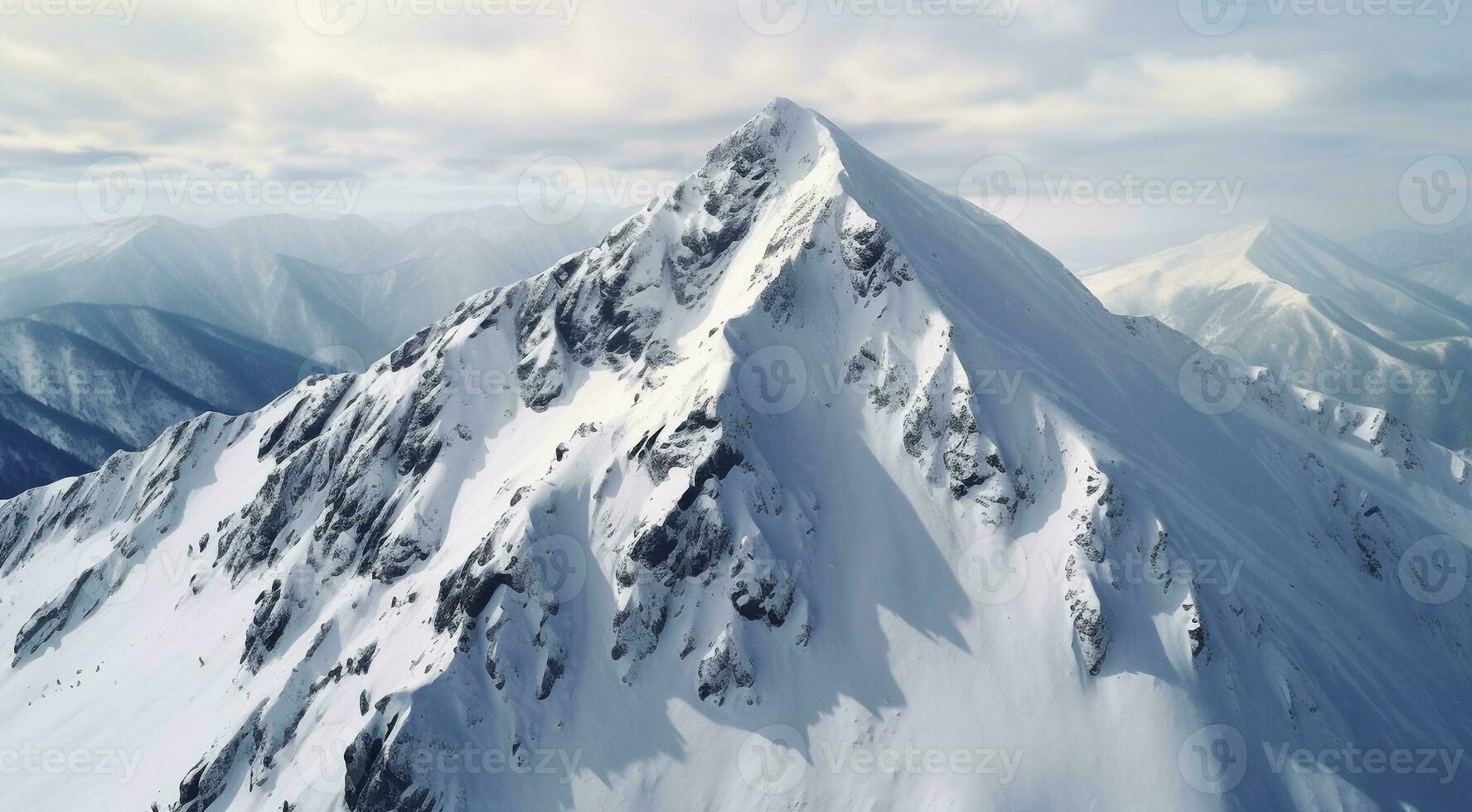 AI generated panorama of the mountains, view from the top of the mountain, snowy mountain, snow covered mountains in winter photo