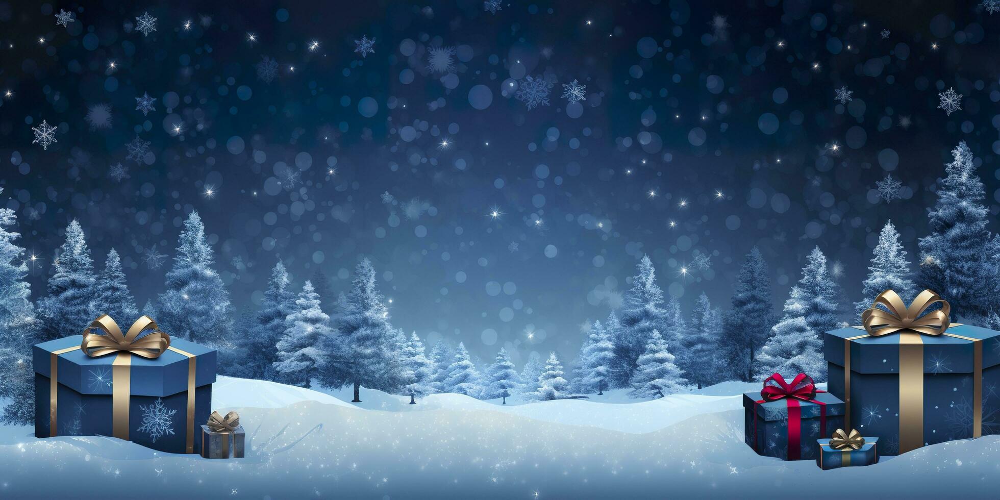 AI generated Merry Christmas and new year, gift boxes bokeh background. Christmas gifts background. AI Generated photo