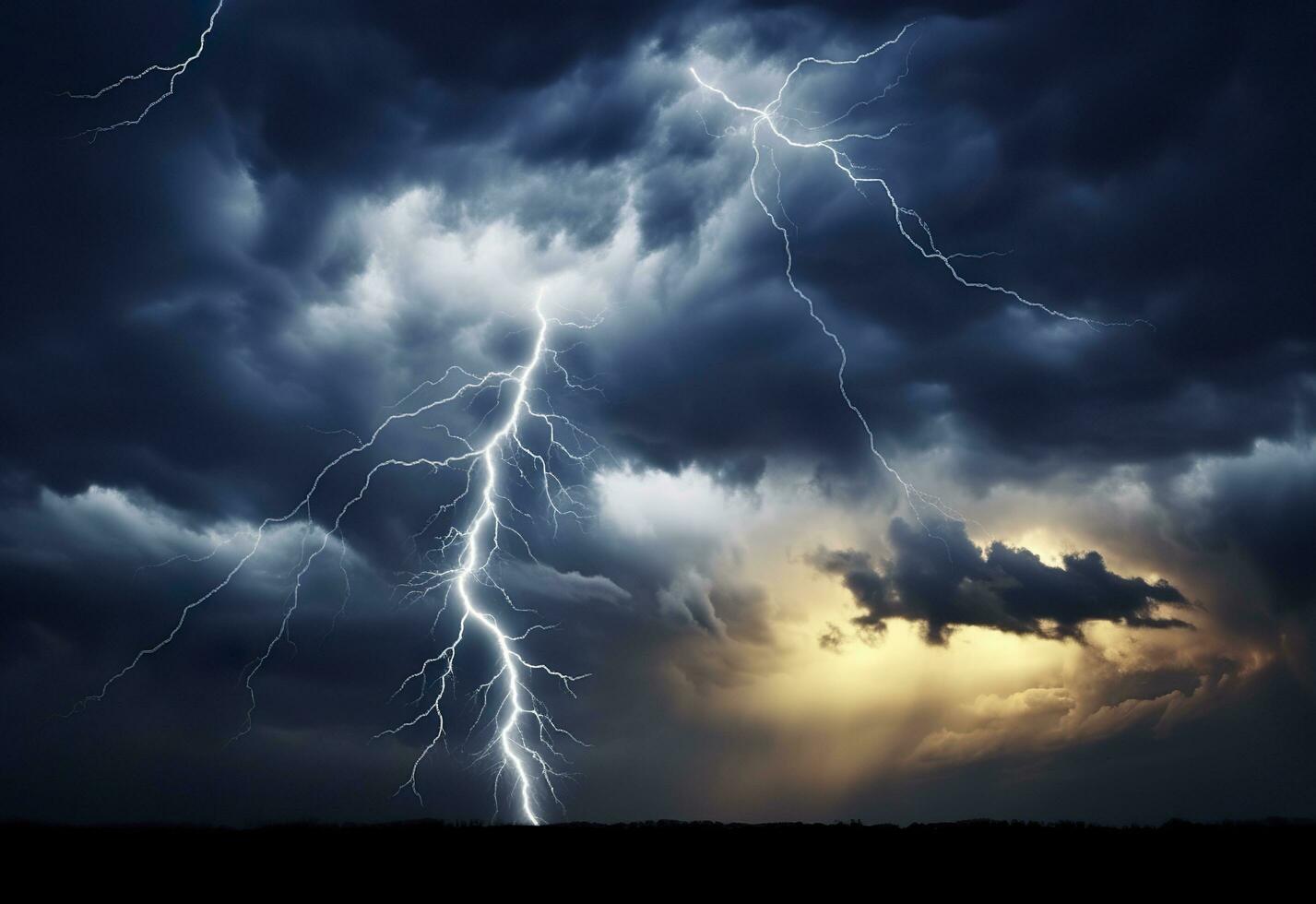 AI generated Lightning strikes on a cloudy dramatic stormy sky. AI Generated photo