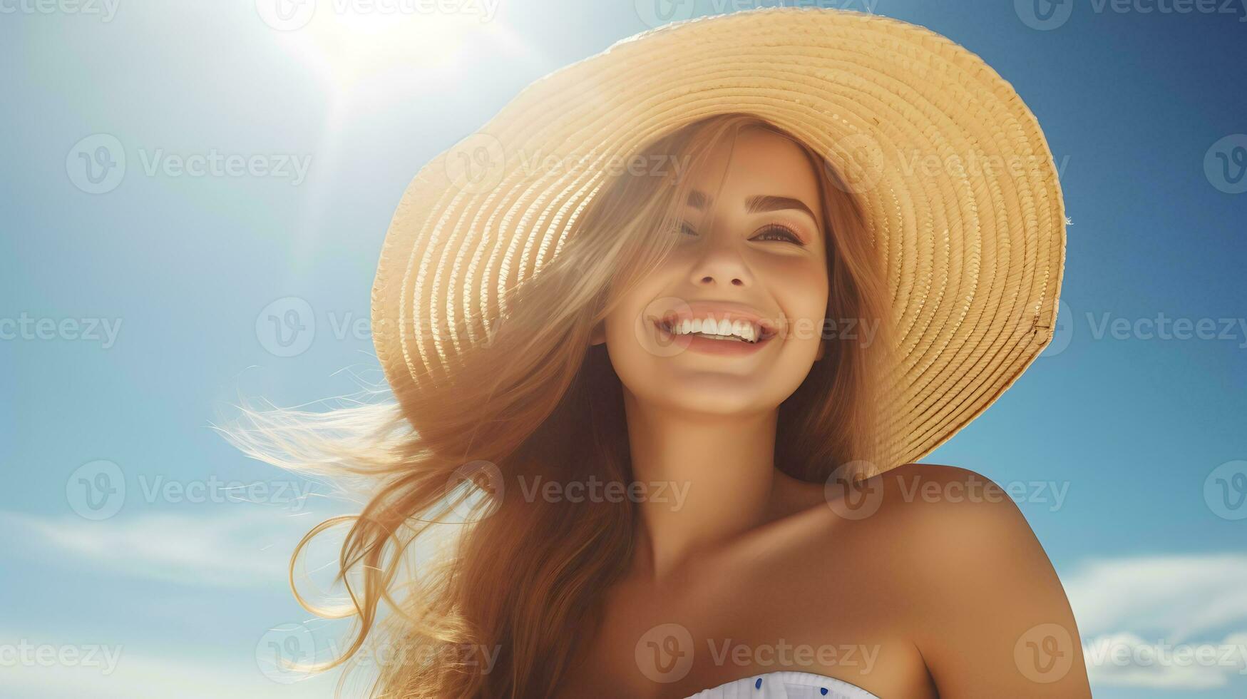 AI generated Smiling caucasian woman with healthy perfect face skin photo