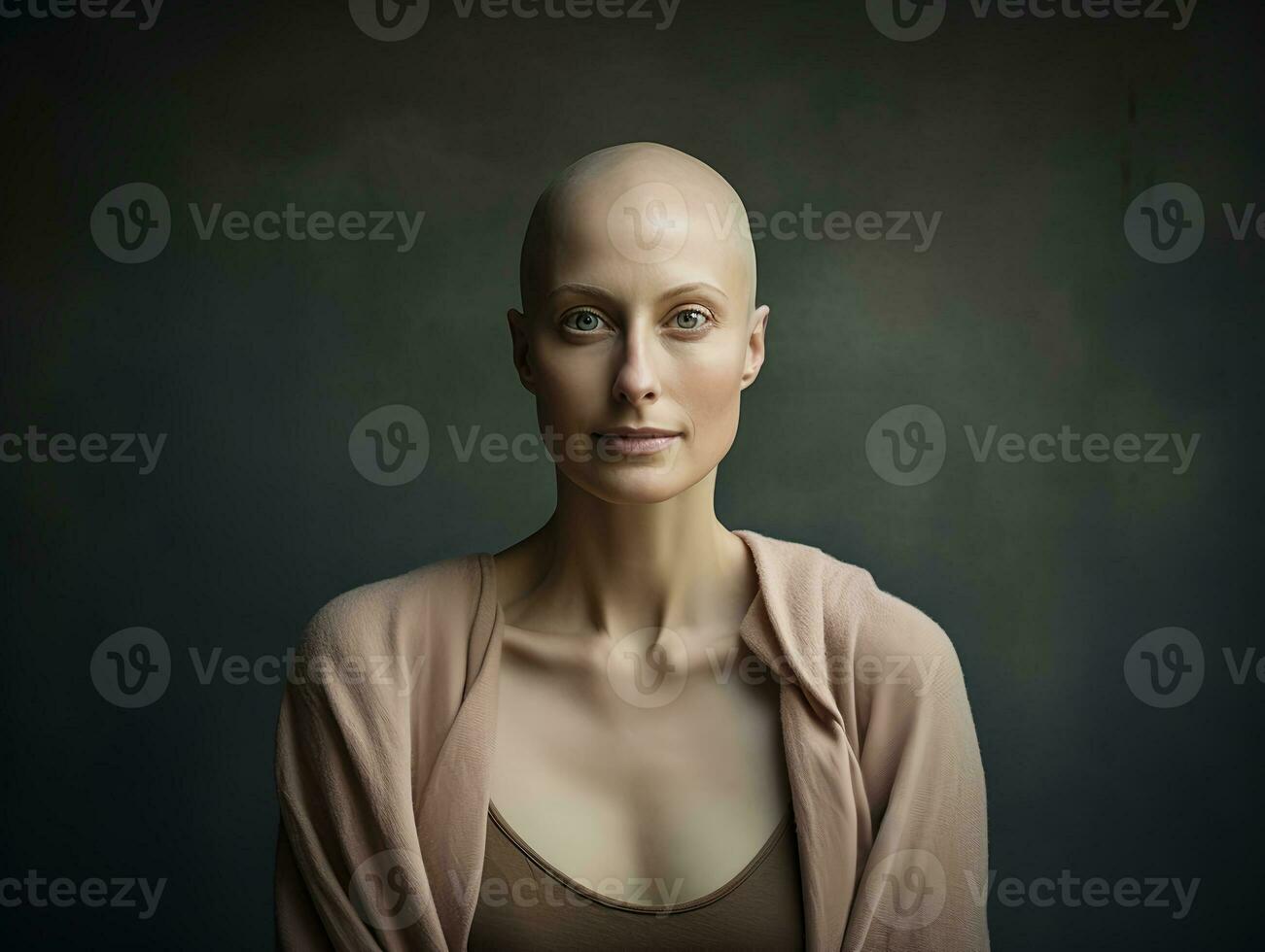 AI generated Portrait of caucasian bald woman, alopecia and cancer awareness, copy space photo