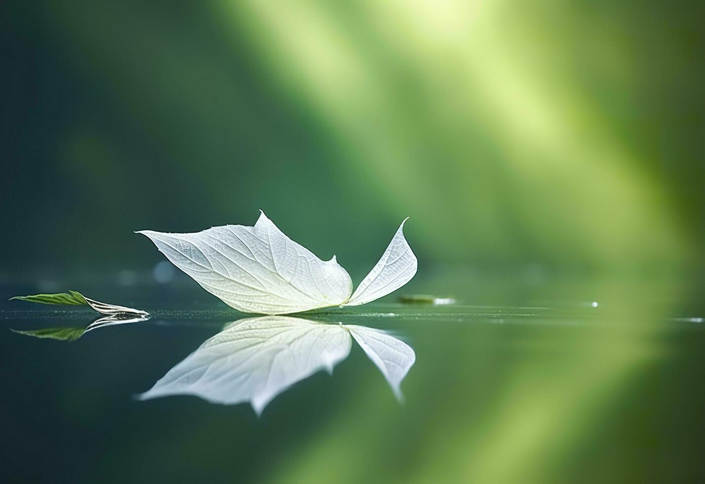 AI generated White transparent leaf on mirror surface with reflection on green background macro. Generative AI photo