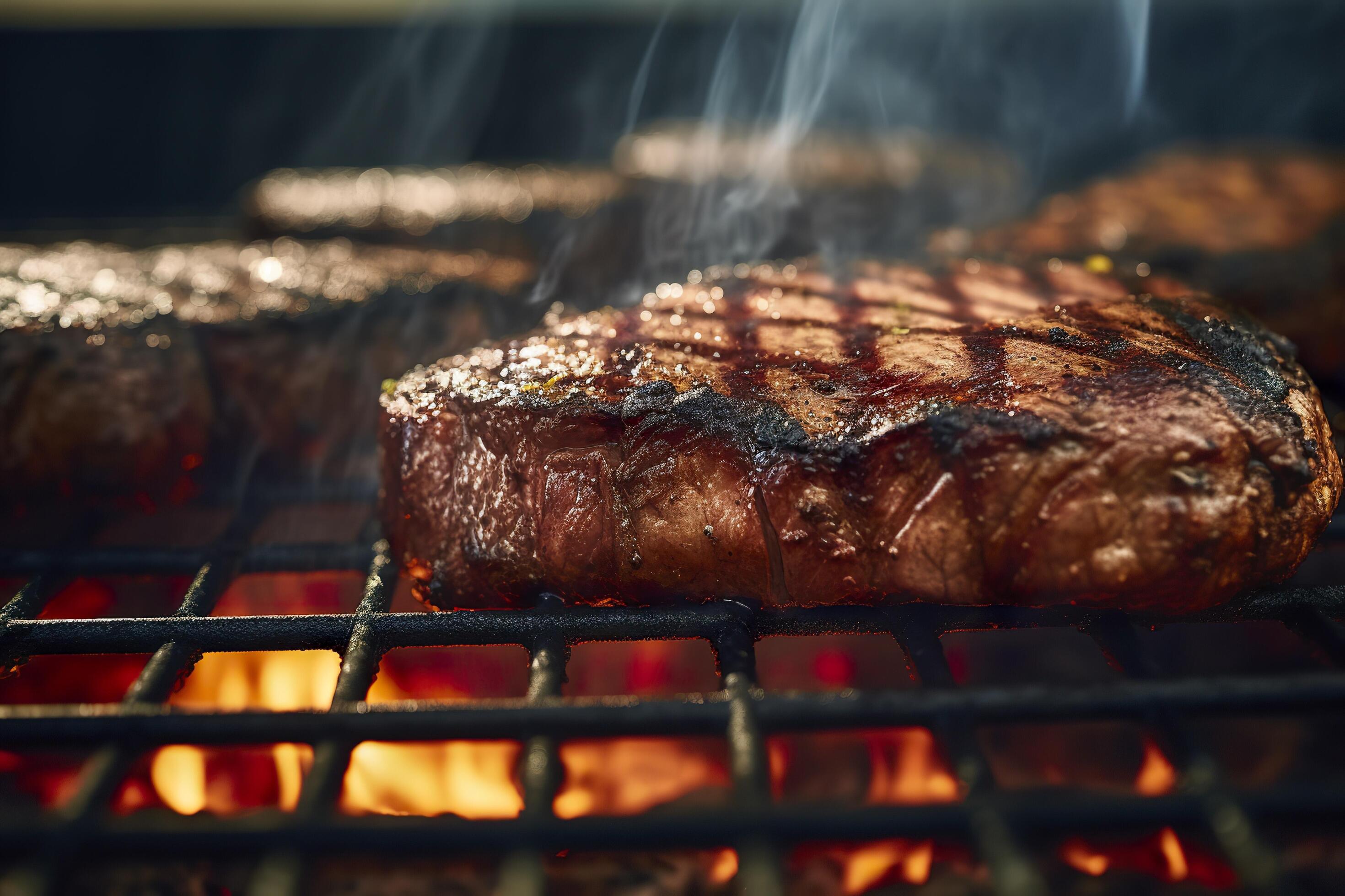 AI generated Meat grilling on a charcoal grill with smoke rising. AI