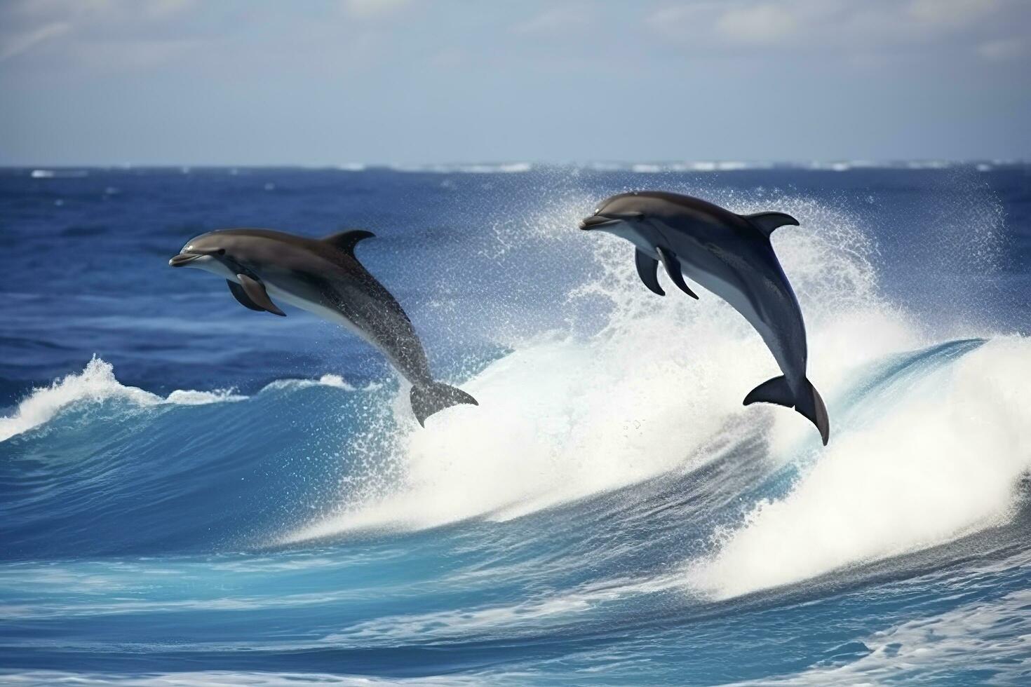 ai generado juguetón delfines saltando terminado rotura ondas. Hawai Pacífico Oceano fauna silvestre escenario. generativo ai foto