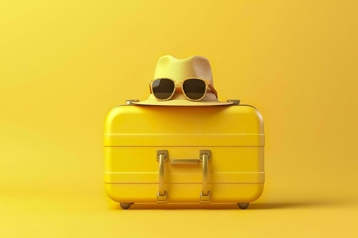 AI generated Yellow suitcase with sun glasses and hat on yellow background. travel concept. Generative AI photo