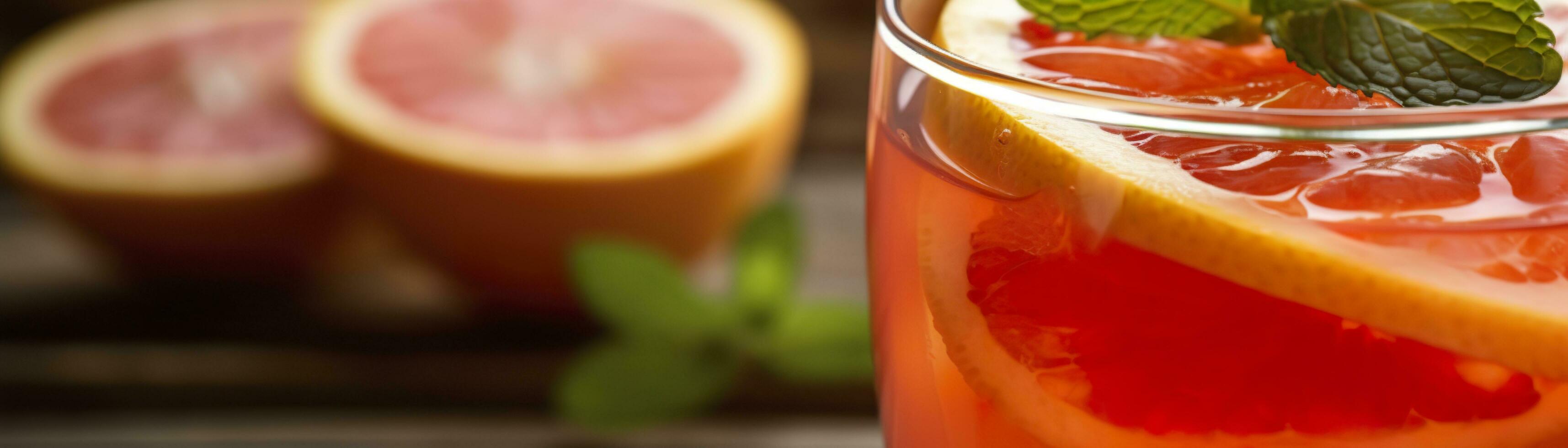 AI generated Red orange punch with green mint home made cocktail closeup on wood background. Generative AI photo