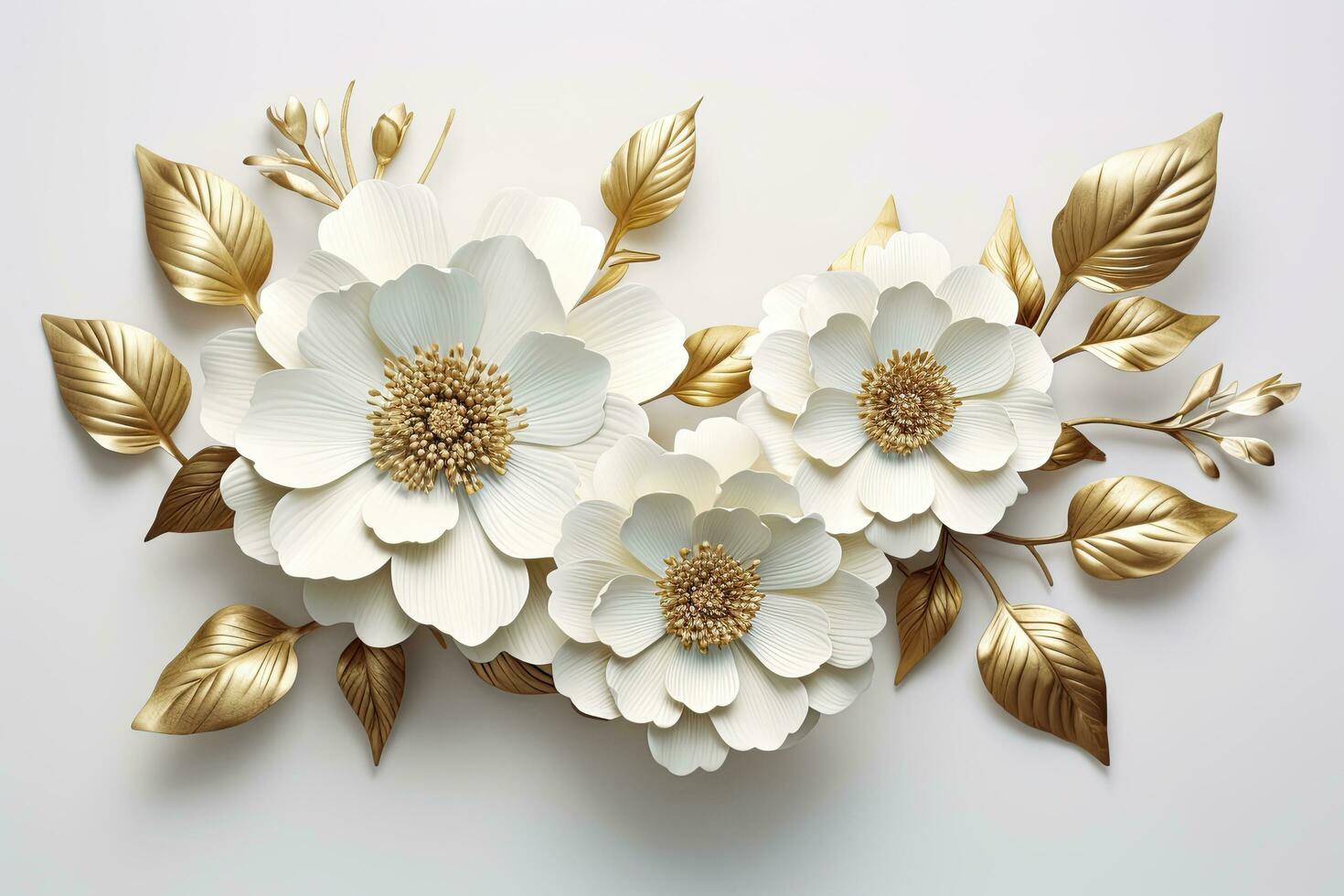 AI generated 3d gold flowers white backgroung. AI Generated photo