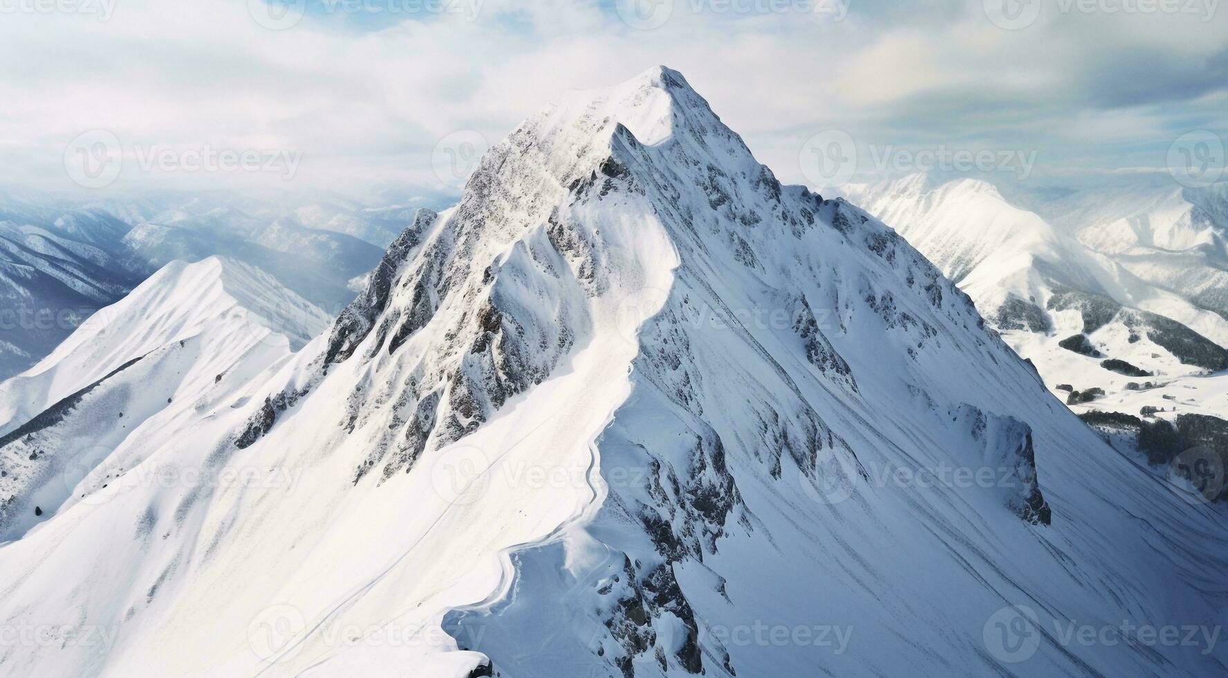 ai generado panorama de el montañas, ver desde el parte superior de el montaña, Nevado montaña, nieve cubierto montañas en invierno foto