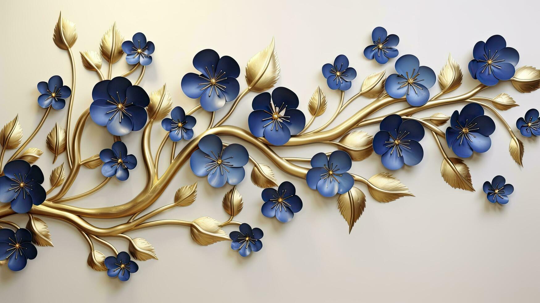 AI generated Elegant gold and royal blue floral tree with leaves and flowers hanging branches illustration background. AI Generated. photo