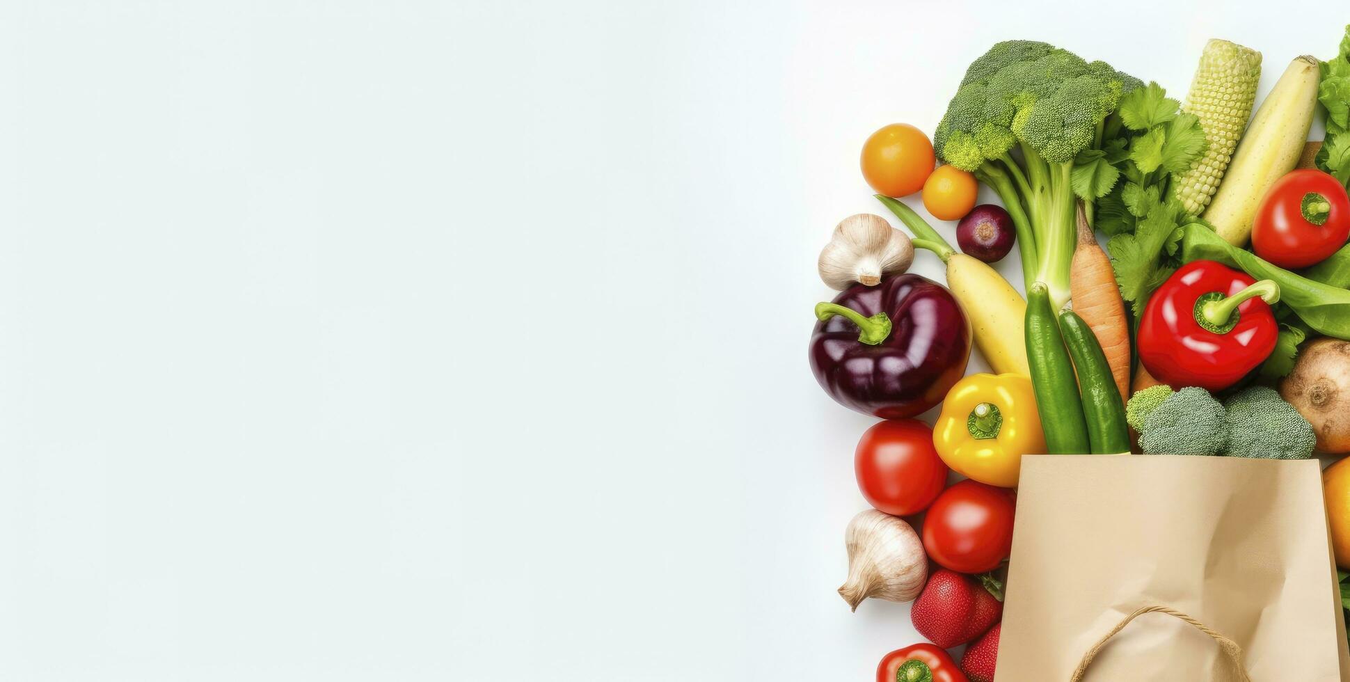 AI generated Healthy food in paper bag vegetables and fruits on white background. AI Generated photo