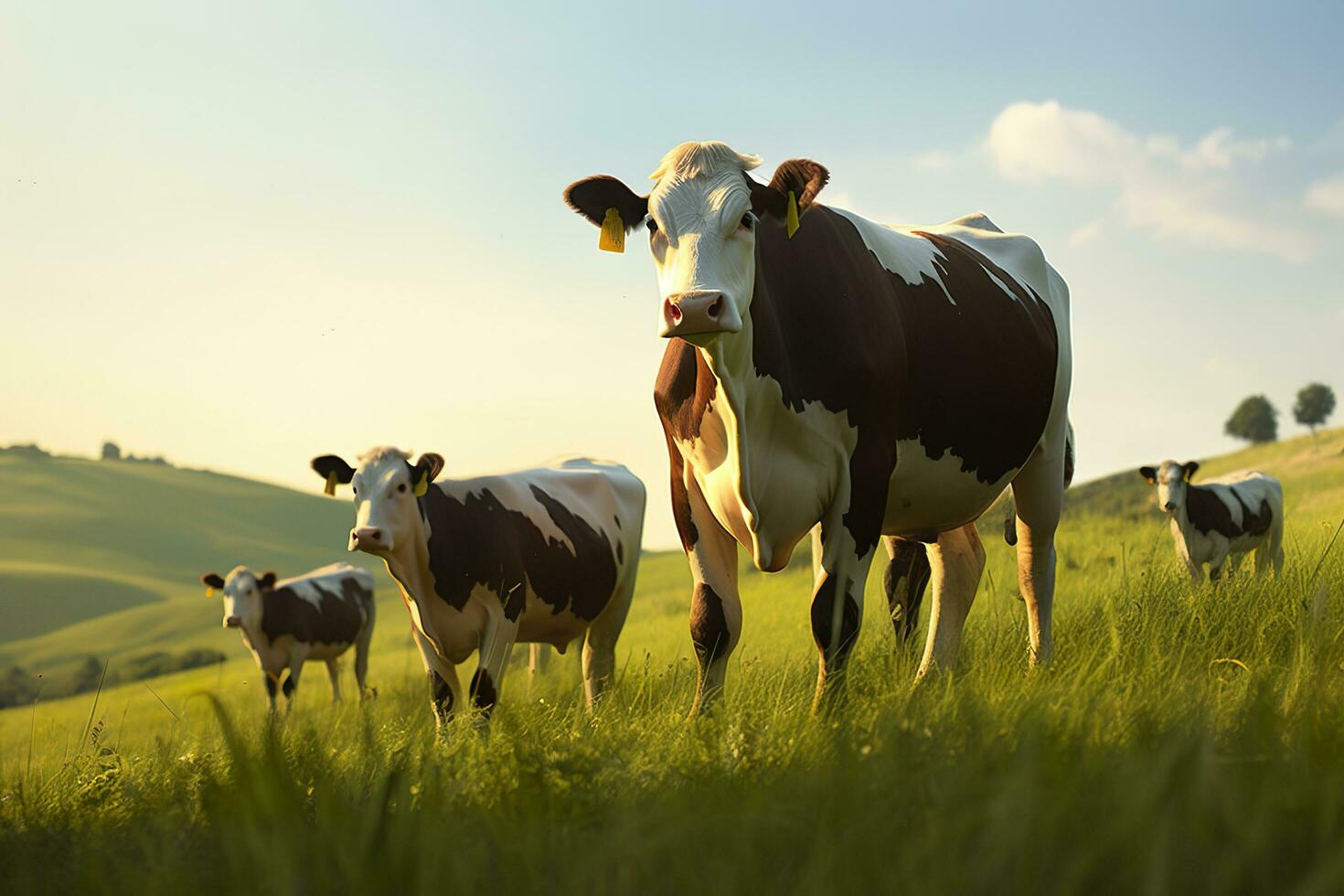 AI generated Group of cows standing in a grassy field. AI Generated photo