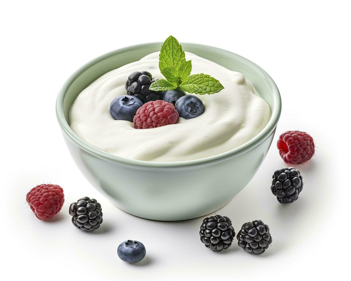 AI generated Green bowl of greek yogurt and fresh berries isolated on white background. AI Generated photo