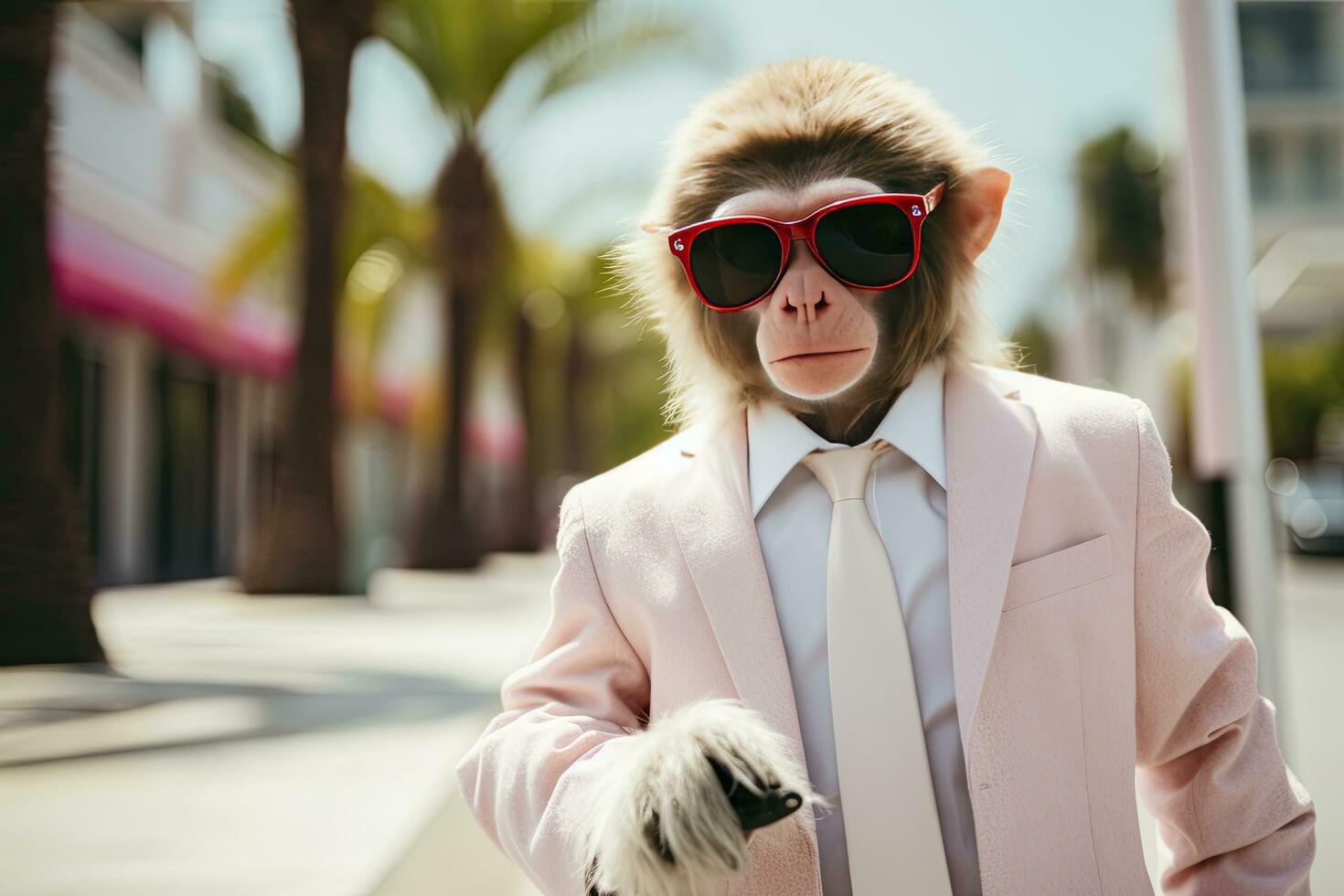 AI generated A Monkey is wearing sunglasses, suit and standing on street. AI Generated photo