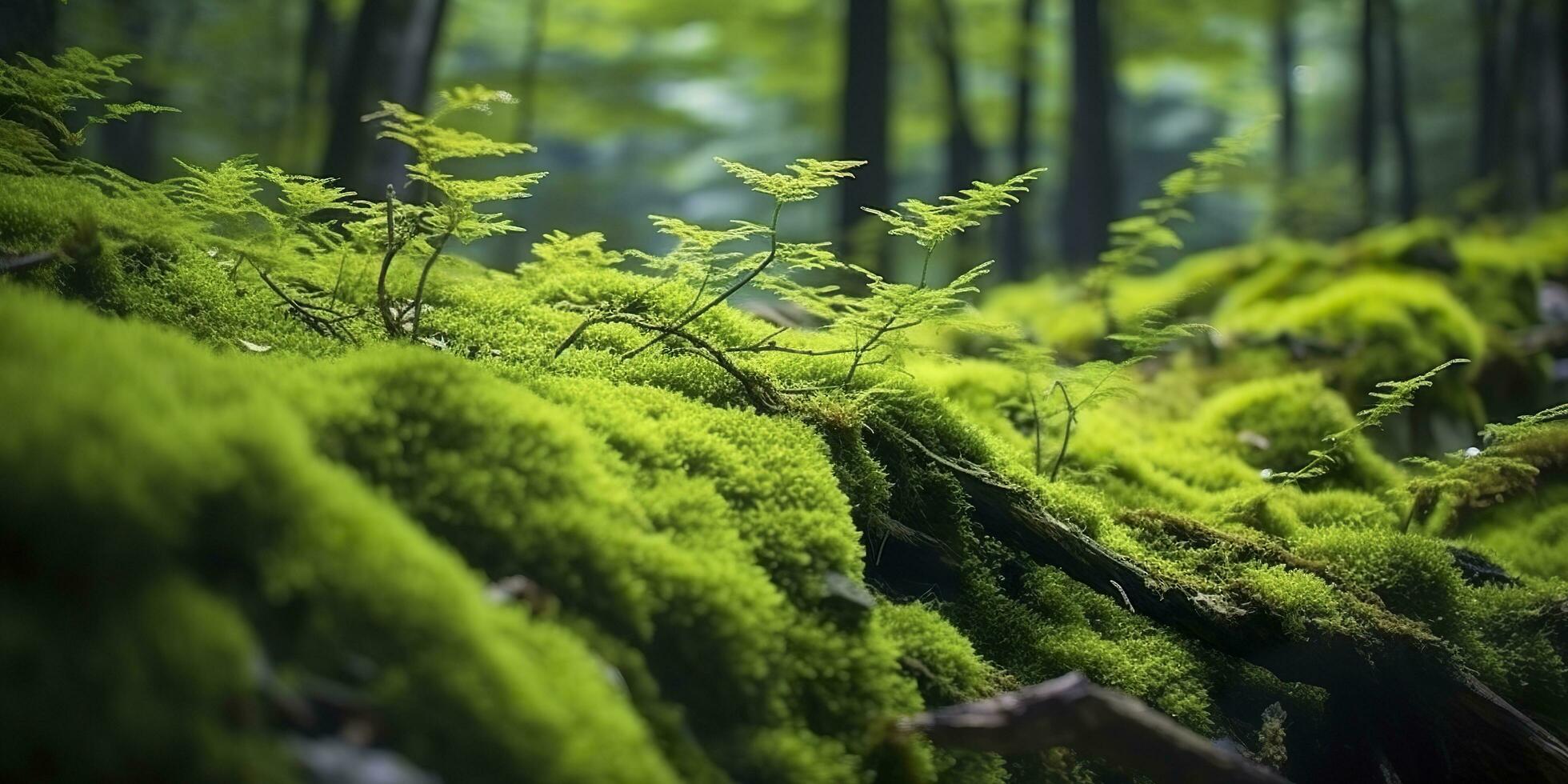 AI generated Green moss closeup, with a backdrop of woodland.  Forest in the national park. AI Generated photo