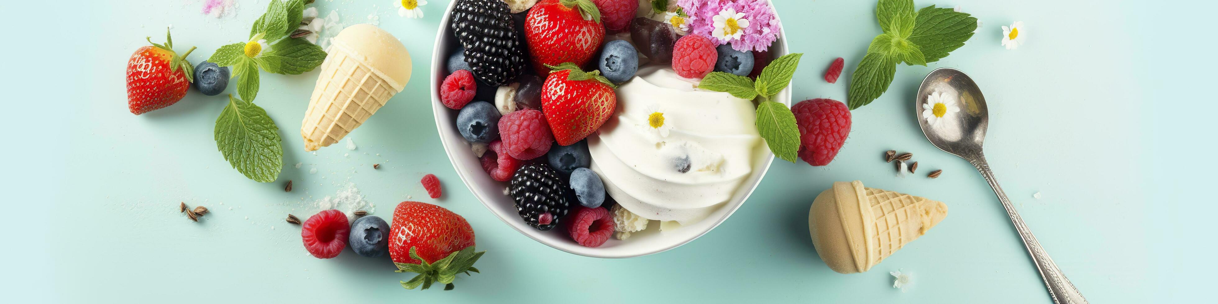 AI generated Scoops of Vanilla, mint leaves in a glass bowl, sprinkles, berries, and flowers. Generative AI photo
