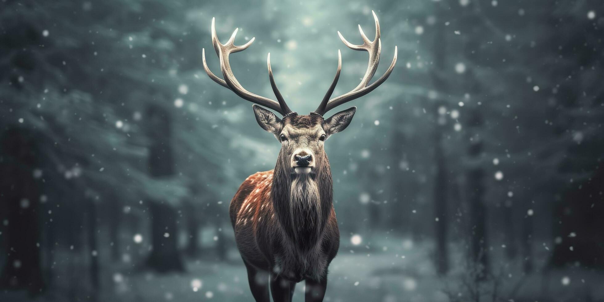 AI generated Noble deer male in the winter snow forest. Artistic winter Christmas landscape. AI Generated photo