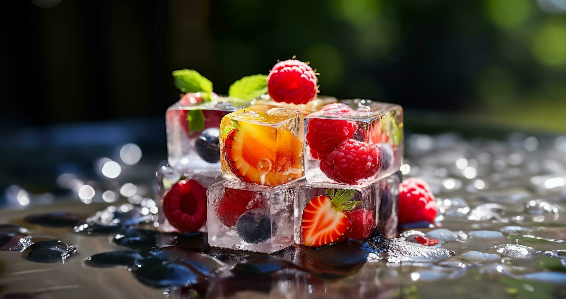 AI generated frozen fruits inside ice cubes photo