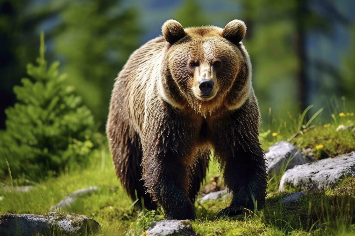 AI generated Brown bear moving on the green meadow in springtime nature. AI Generated photo