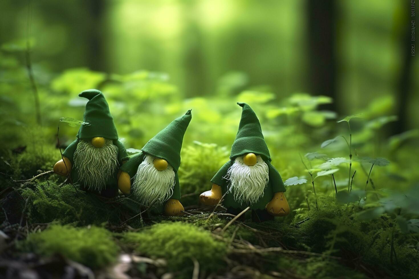 AI generated Toy Irish gnomes in a mystery forest, abstract green natural background. Generative AI photo