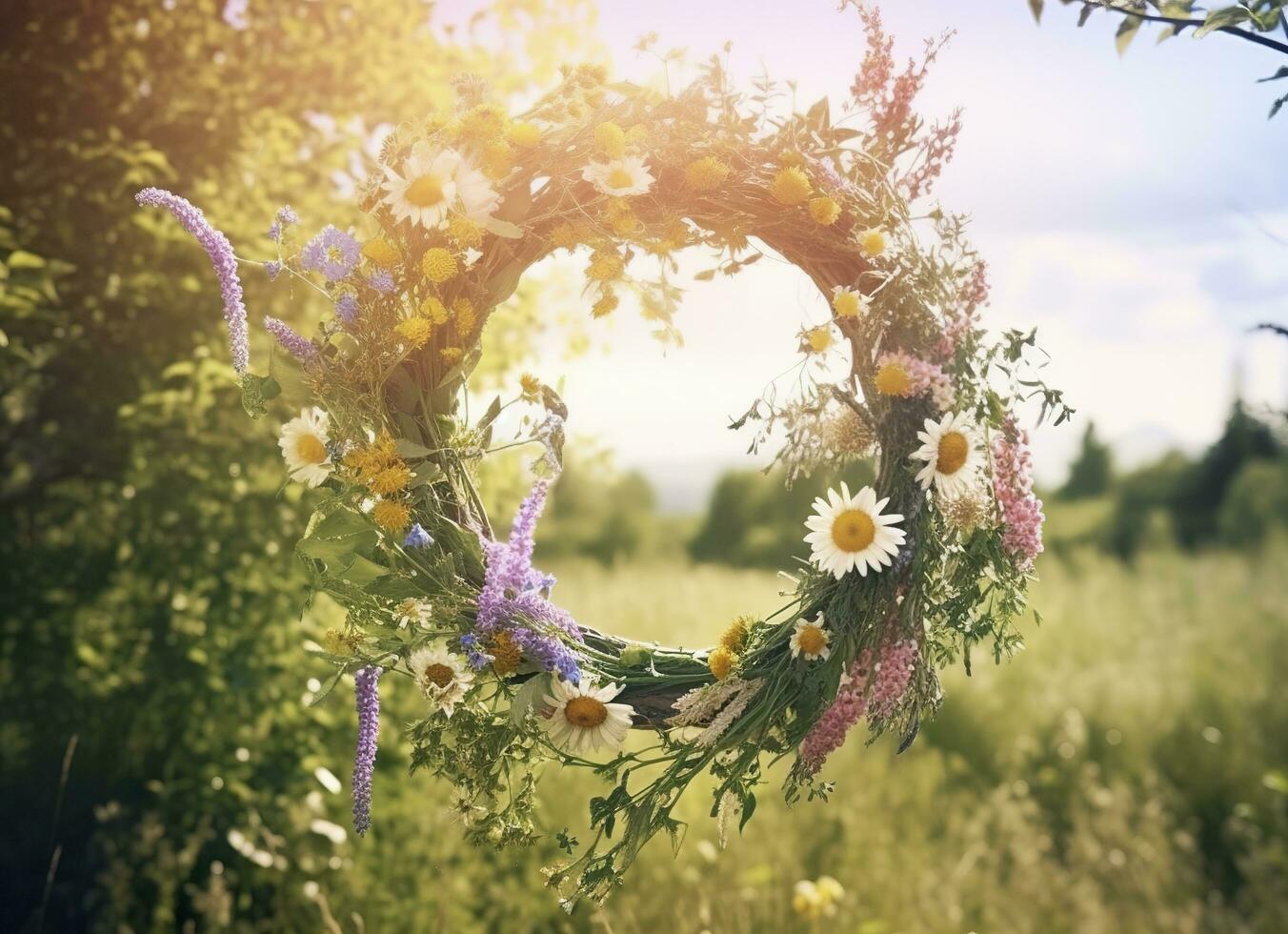 AI generated Rustic wildflowers wreath on a sunny meadow. Summer Solstice Day, Midsummer concept. Generative AI photo