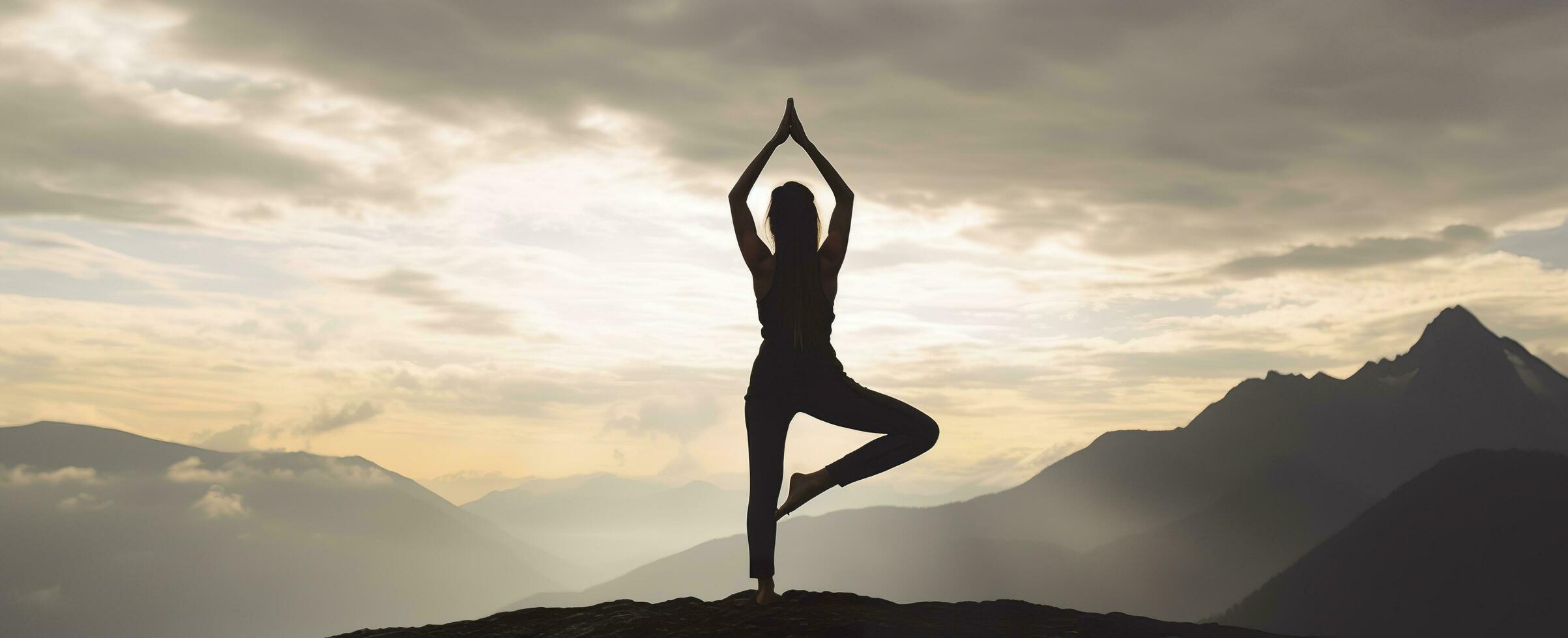 AI generated silhouette of a woman practicing yoga in the summit with mountain Background. AI Generated photo