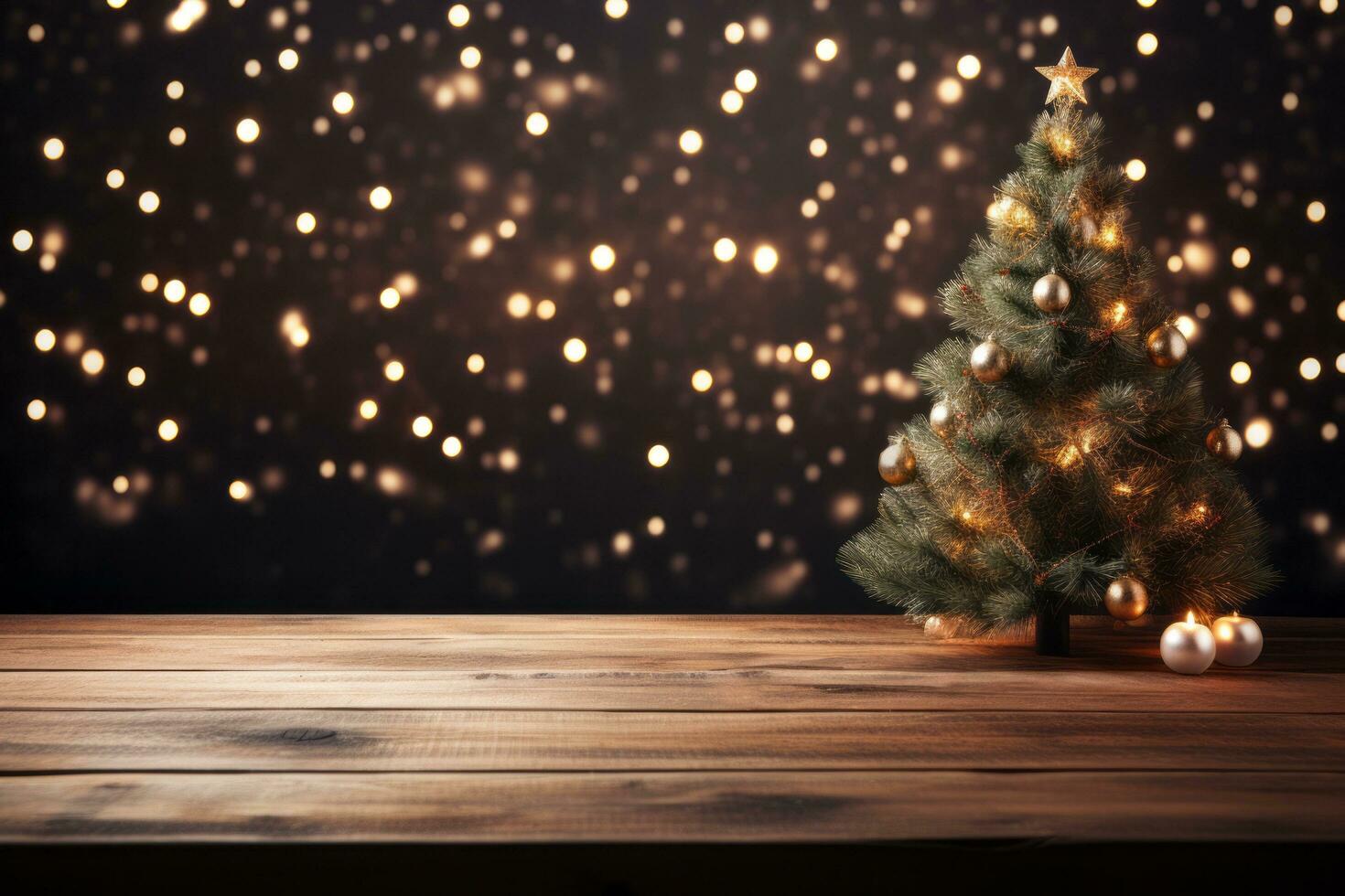 AI generated Christmas tree with lights on wooden table photo