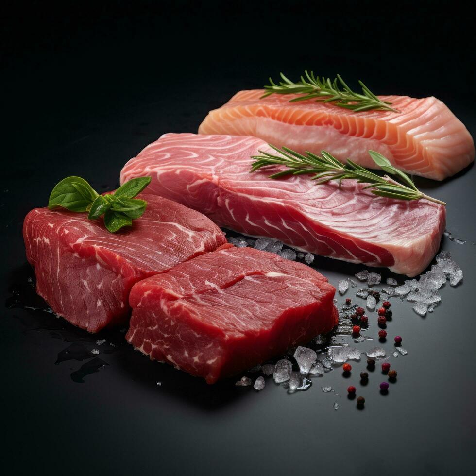 AI generated Raw Meat and Fish with Herbs and Spices photo
