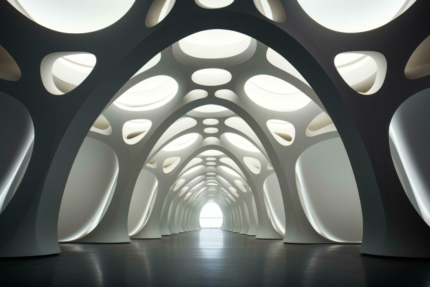 AI generated Futuristic White Tunnel with Circular Openings photo