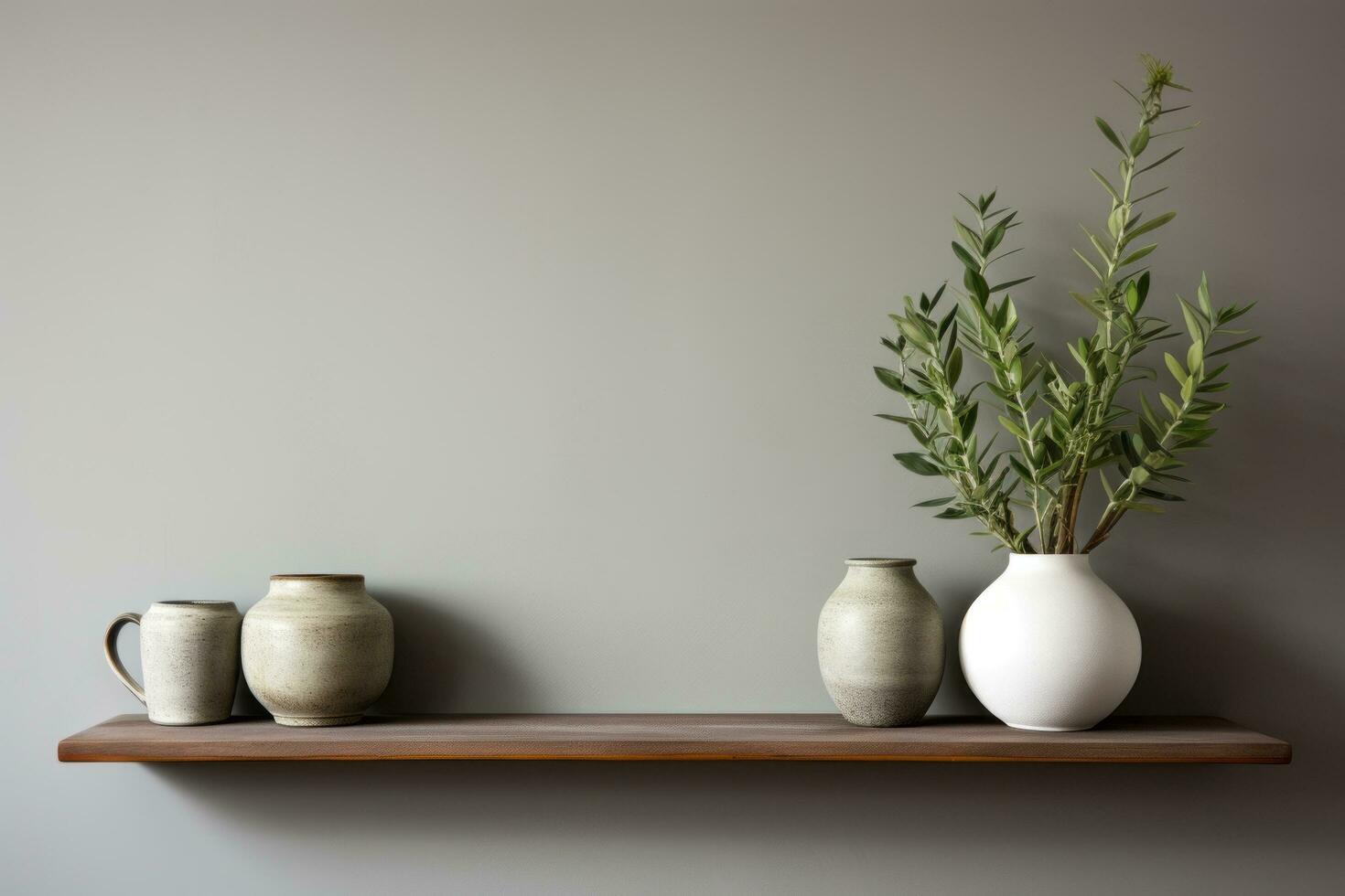 AI generated Minimalist Setting with Ceramic Vases and Greenery photo