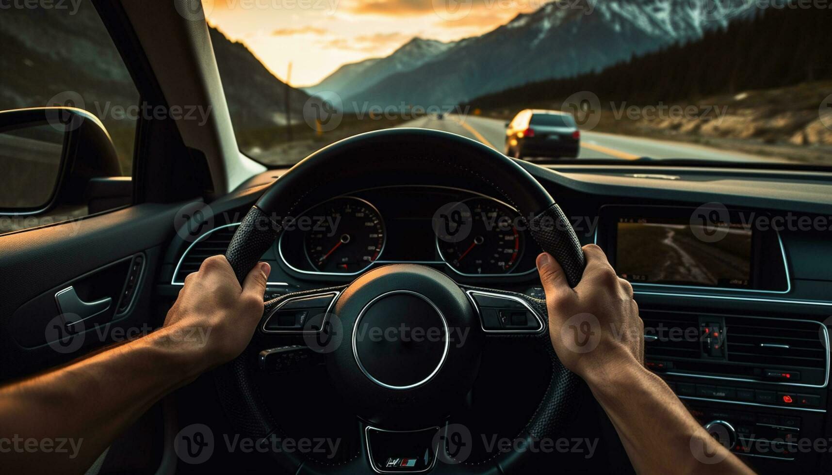 AI generated Man driving car, hand on steering wheel, looking at the road ahead, sunset and mountains. Behind the wheel travelling. photo