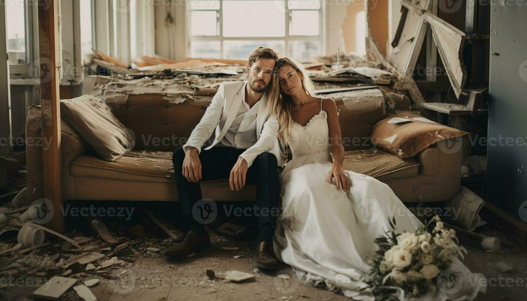 ai generado sólo casado Pareja sentado en antiguo sofá en destruido habitación en su departamento. matrimonio problemas. renovación de departamento. foto