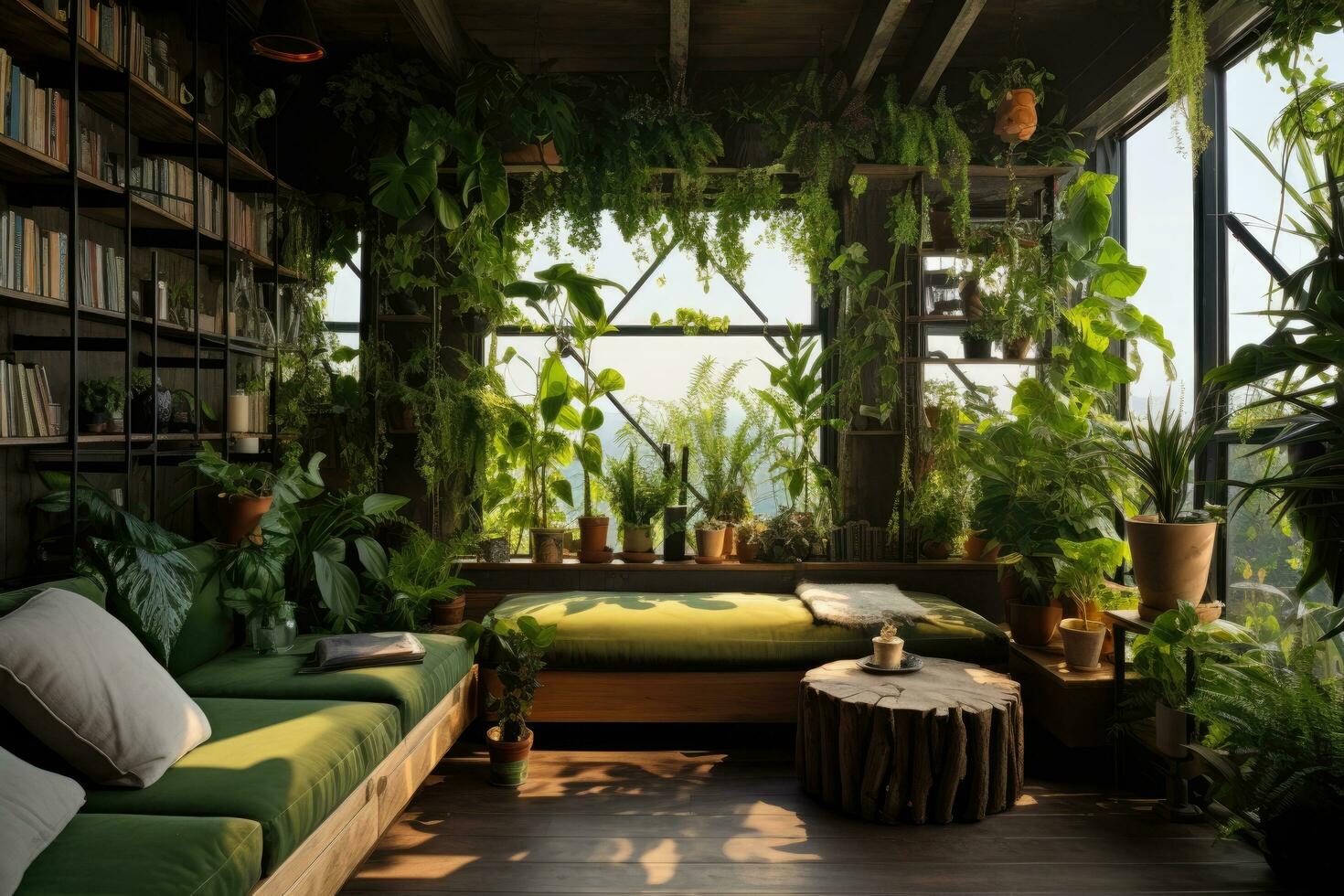 ai generado interior de un acogedor vivo habitación con verde sofá y plantas. 3d prestar, interior diseño habitación con un abundancia de plantas, ai generado foto