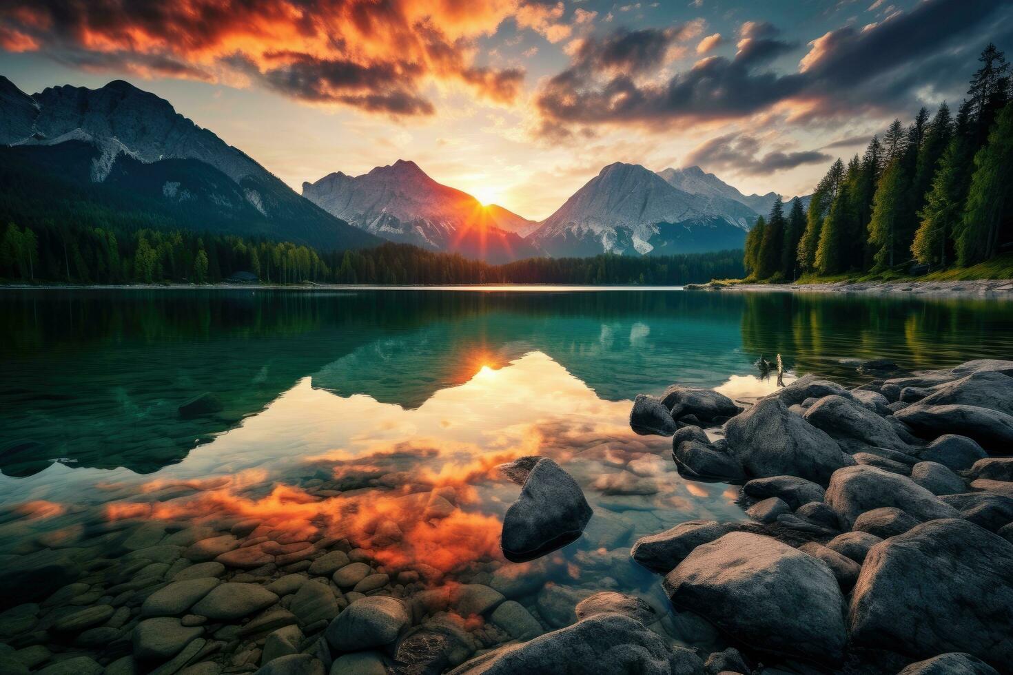 AI generated Mountain lake at sunset. Picturesque summer scene. Beauty world, Impressive summer sunrise on Eibsee lake with Zugspitze mountain range, AI Generated photo