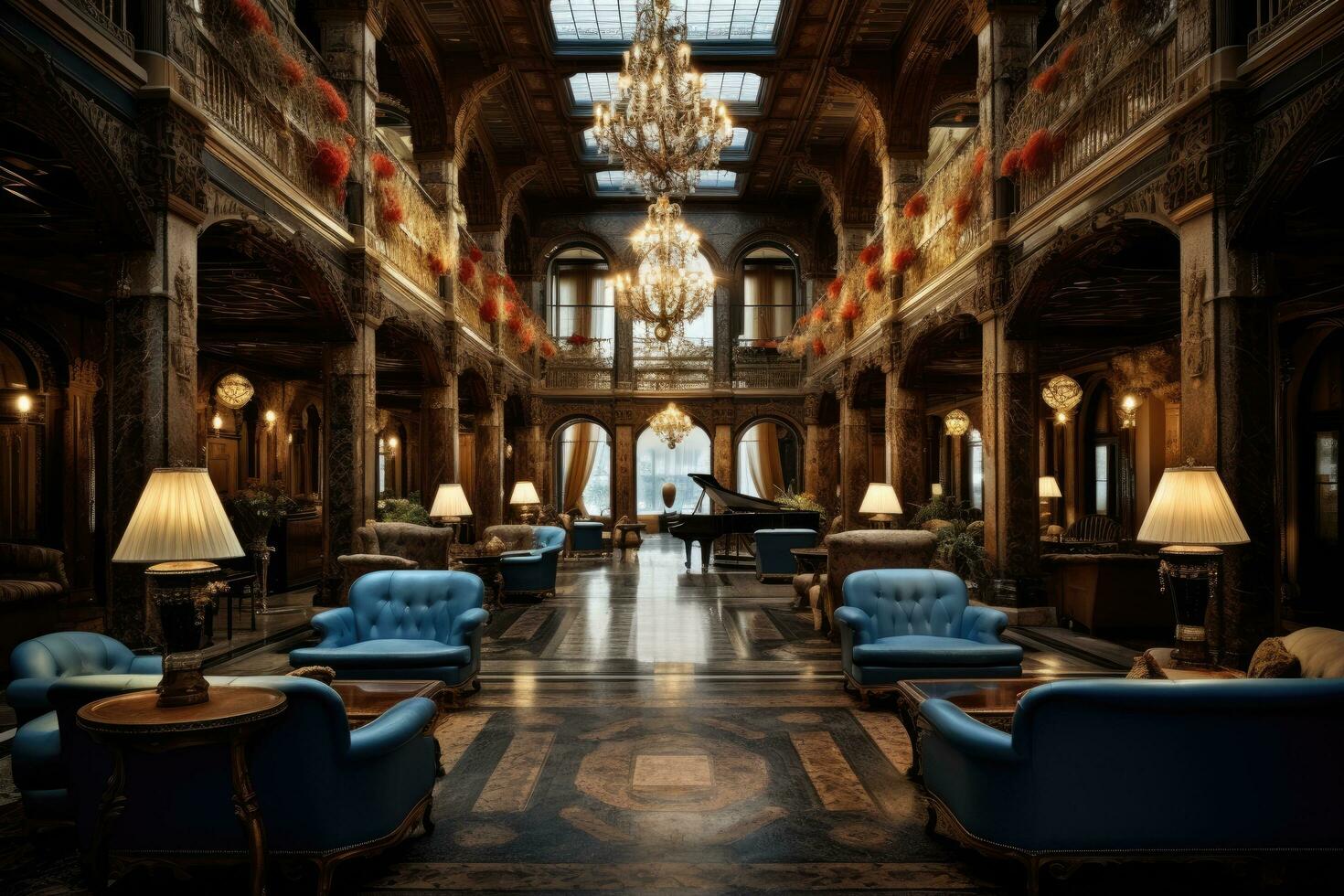 AI generated Interior of a classic baroque hotel. 3D rendering, Interior of a hotel lobby, Opulent hotel lobby interior, AI Generated photo