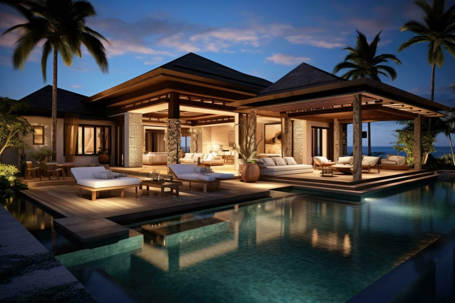 AI generated 3d rendering of modern cozy house in the garden with pool for sale or rent, Interior Inviting Retreat, a contemporary residence luxury villa with a large swimming pool, AI Generated photo