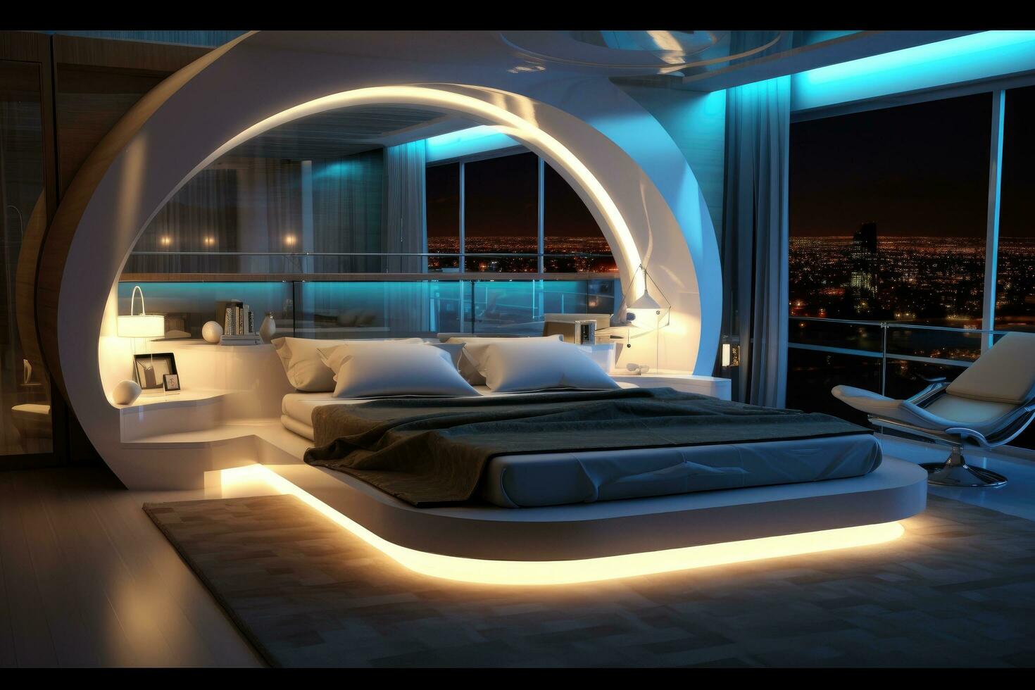 AI generated 3d rendering of a modern bedroom with a large window overlooking the city, Futuristic bedroom with romantic lighting, AI Generated photo