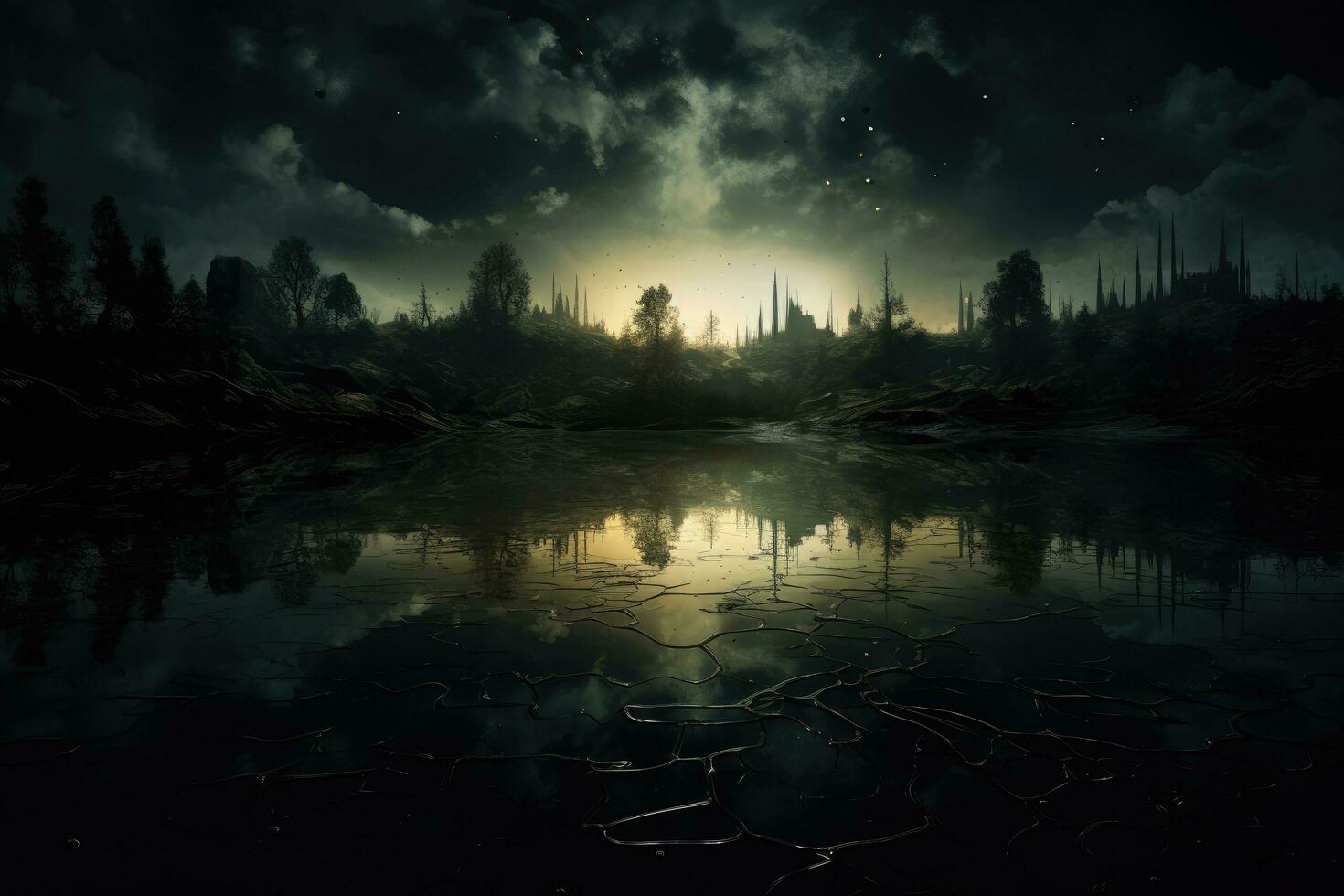 AI generated Fantasy landscape with a lake in the forest at night. 3d rendering, Futuristic dark pond reflection background, AI Generated photo