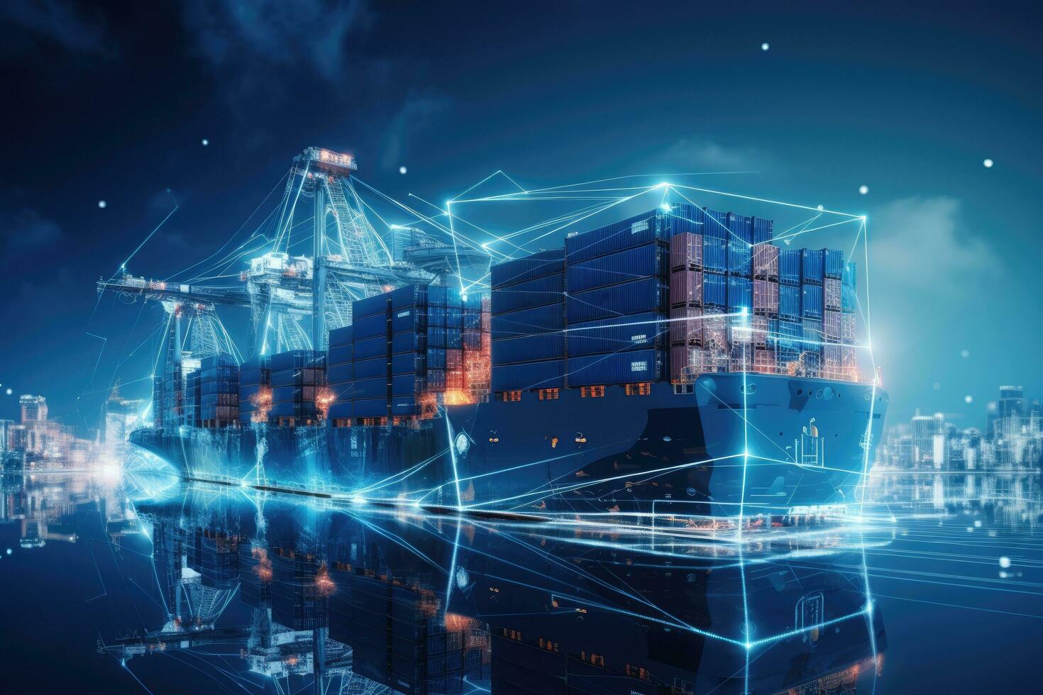 AI generated Industrial background image with freight cargo ship and connection lines. Mixed media, Incorporating new tech for ship transport and cargo regulation, AI Generated photo