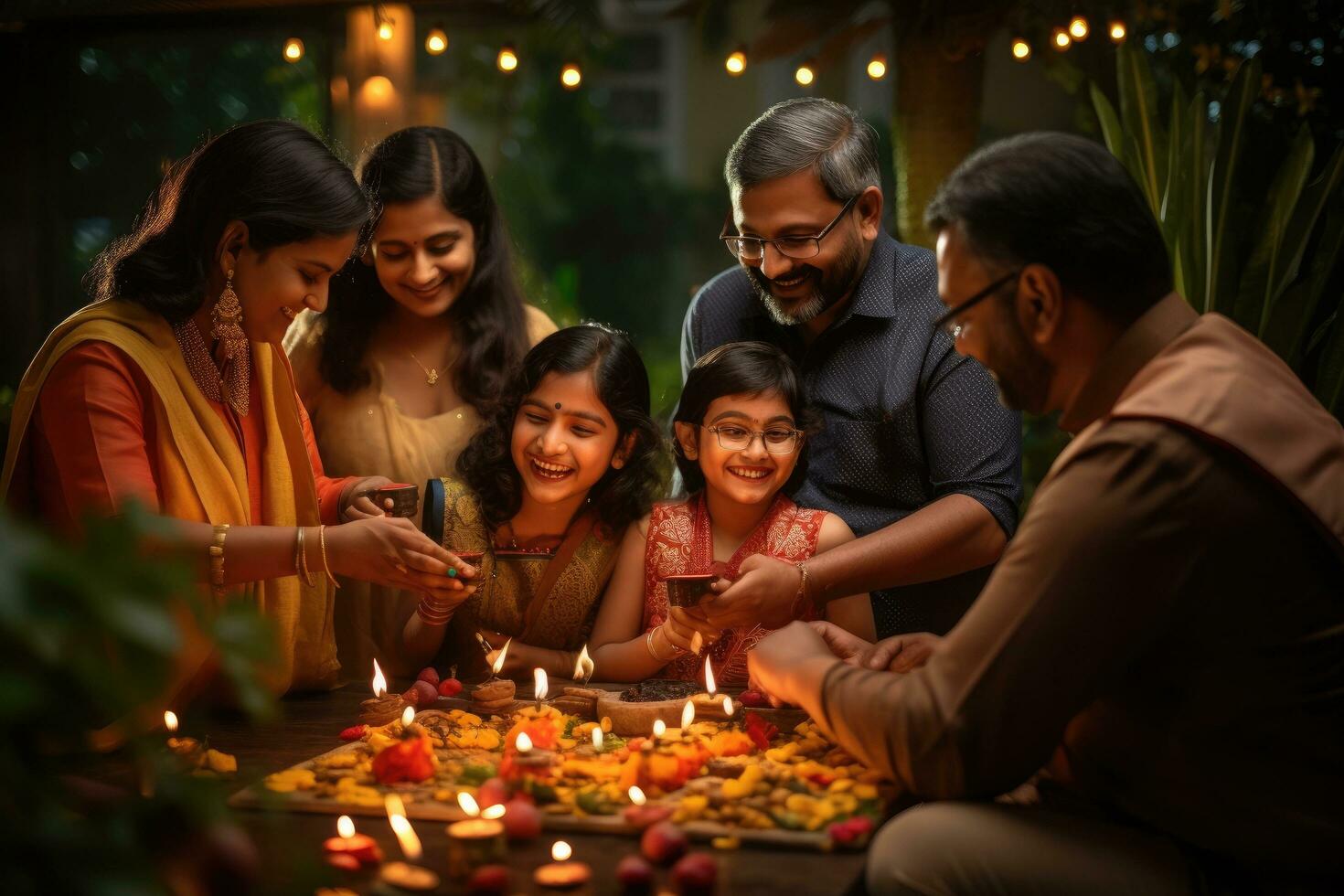 ai generado indio familia Encendiendo diwali lámpara durante diwali celebracion, indio hindú familia reunido juntos celebrando diwali en su patio interior jardín, ai generado foto