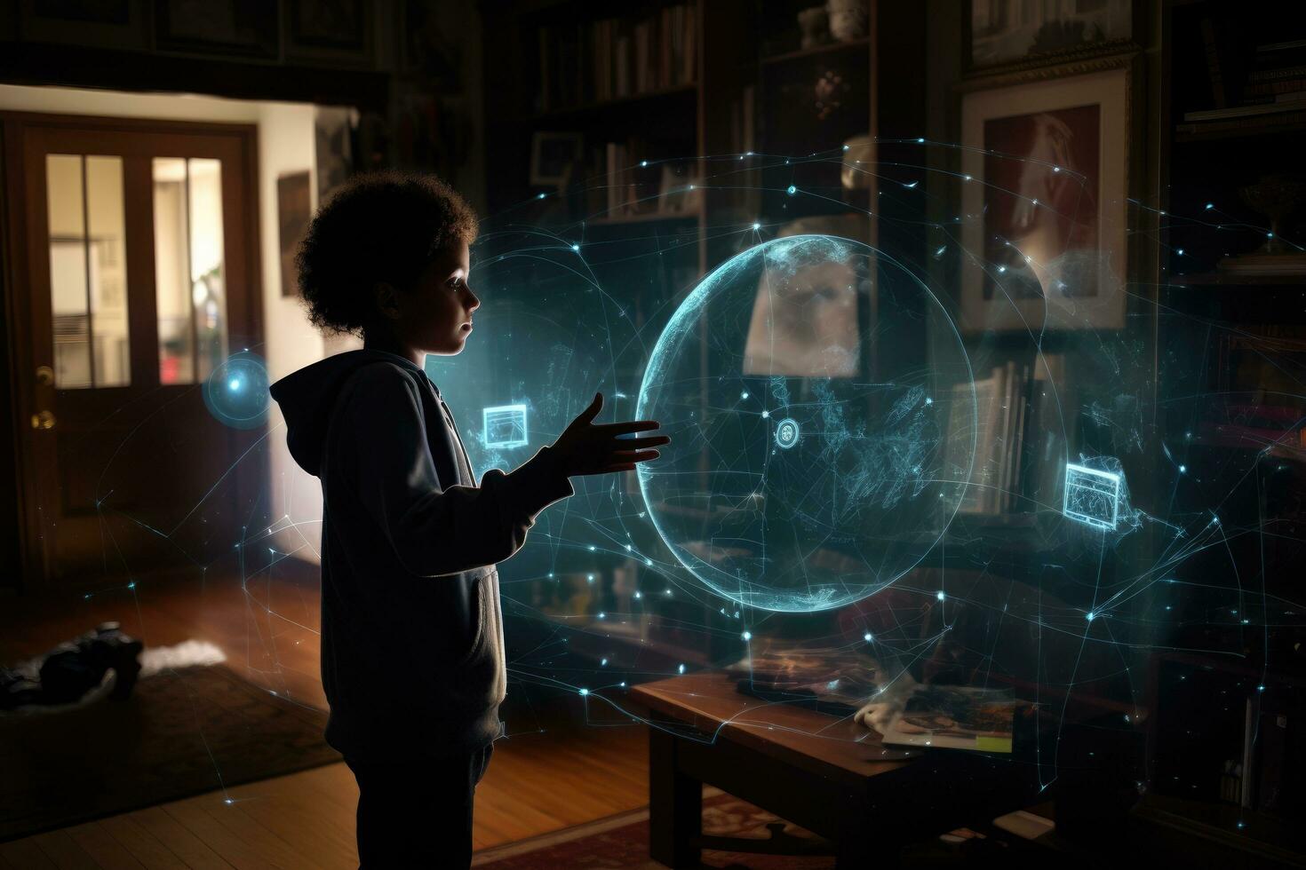 AI generated Childhood and technology concept. Double exposure of little boy playing with virtual world map, Internet connection throughout the home with hologram instructions, AI Generated photo