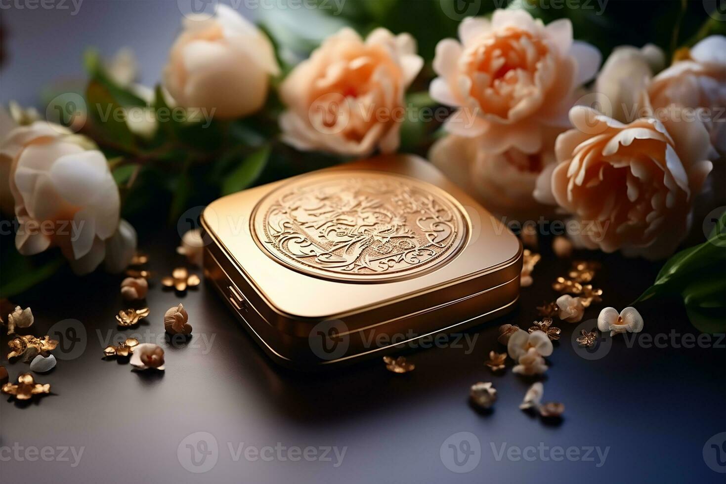 AI generated Elegant Makeup and Peonies Golden Powder Box Display photo