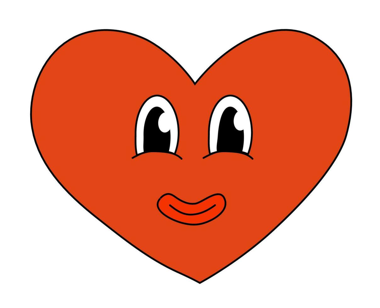 Heart Red Smile Character for Valentine Day. Mascot in groovy and Y2k style. Vector cartoon illustration.
