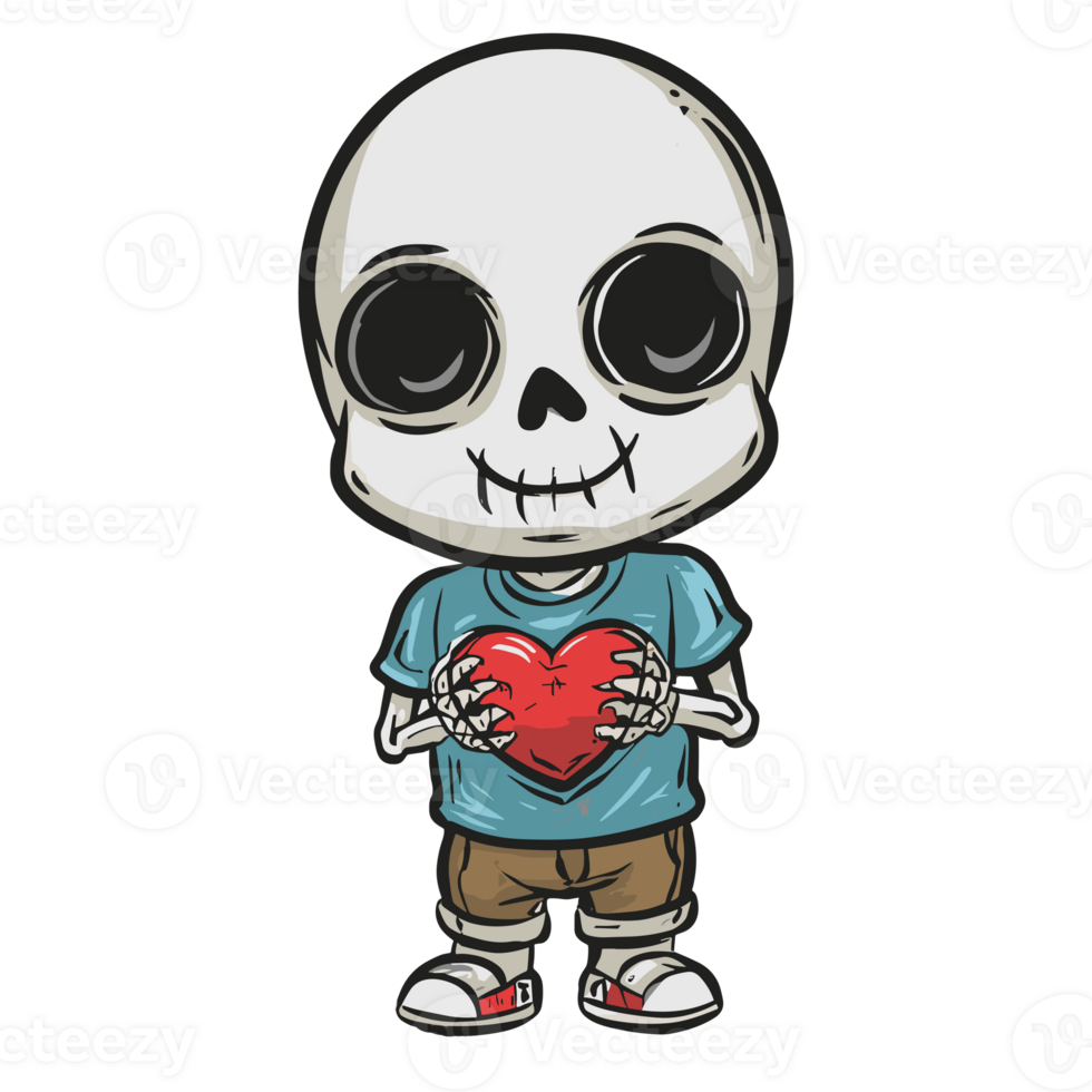 AI generated cute  skeleton with a heart graphic for Valentines Day png