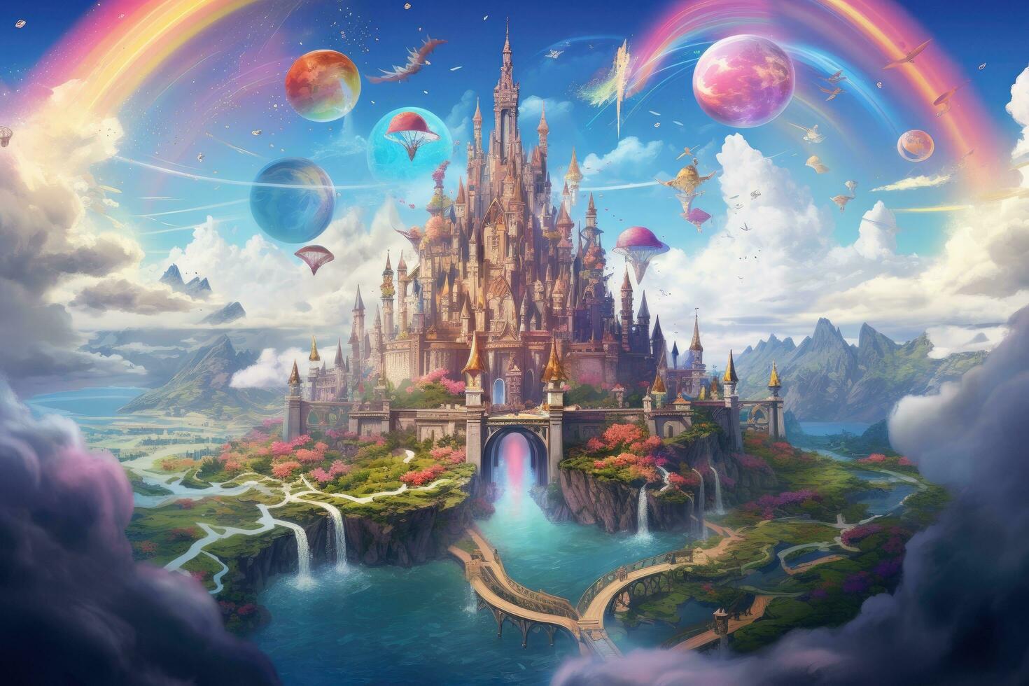 AI generated Fantasy landscape with fantasy castles and planets in the sky. 3D rendering, A fairy-tale kingdom floating on clouds with rainbow bridges, AI Generated photo